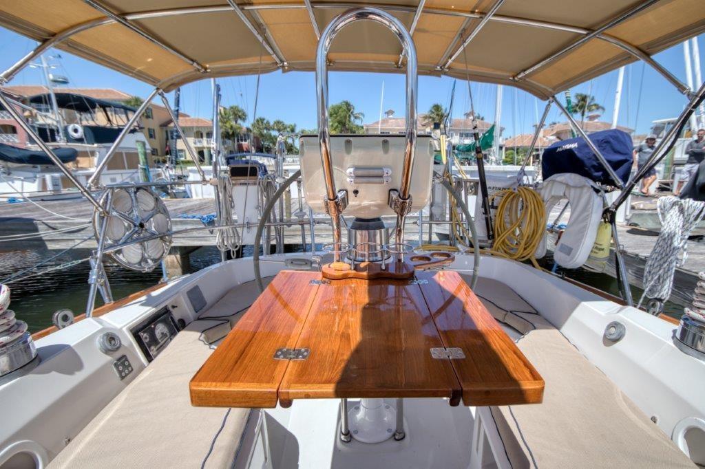 Teak cockpit table and cockpit cushions