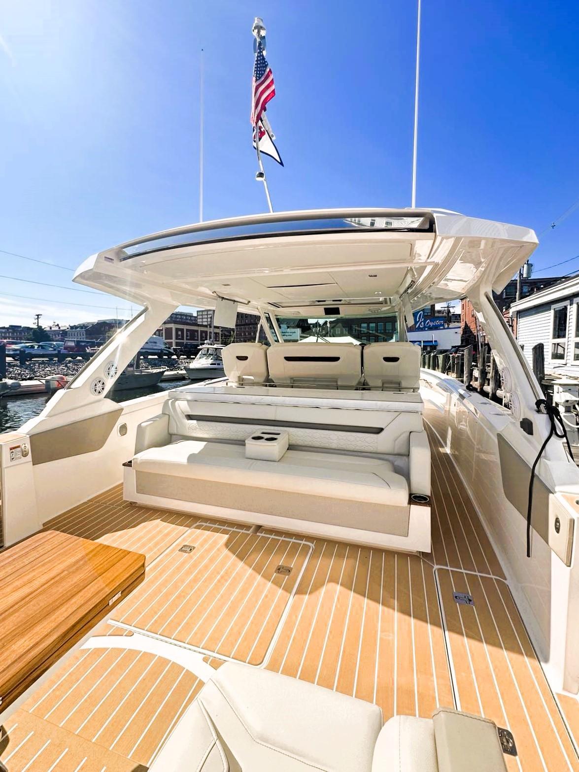 2024 Tiara Yachts 43 LS luxury yacht with spacious deck and seating area.