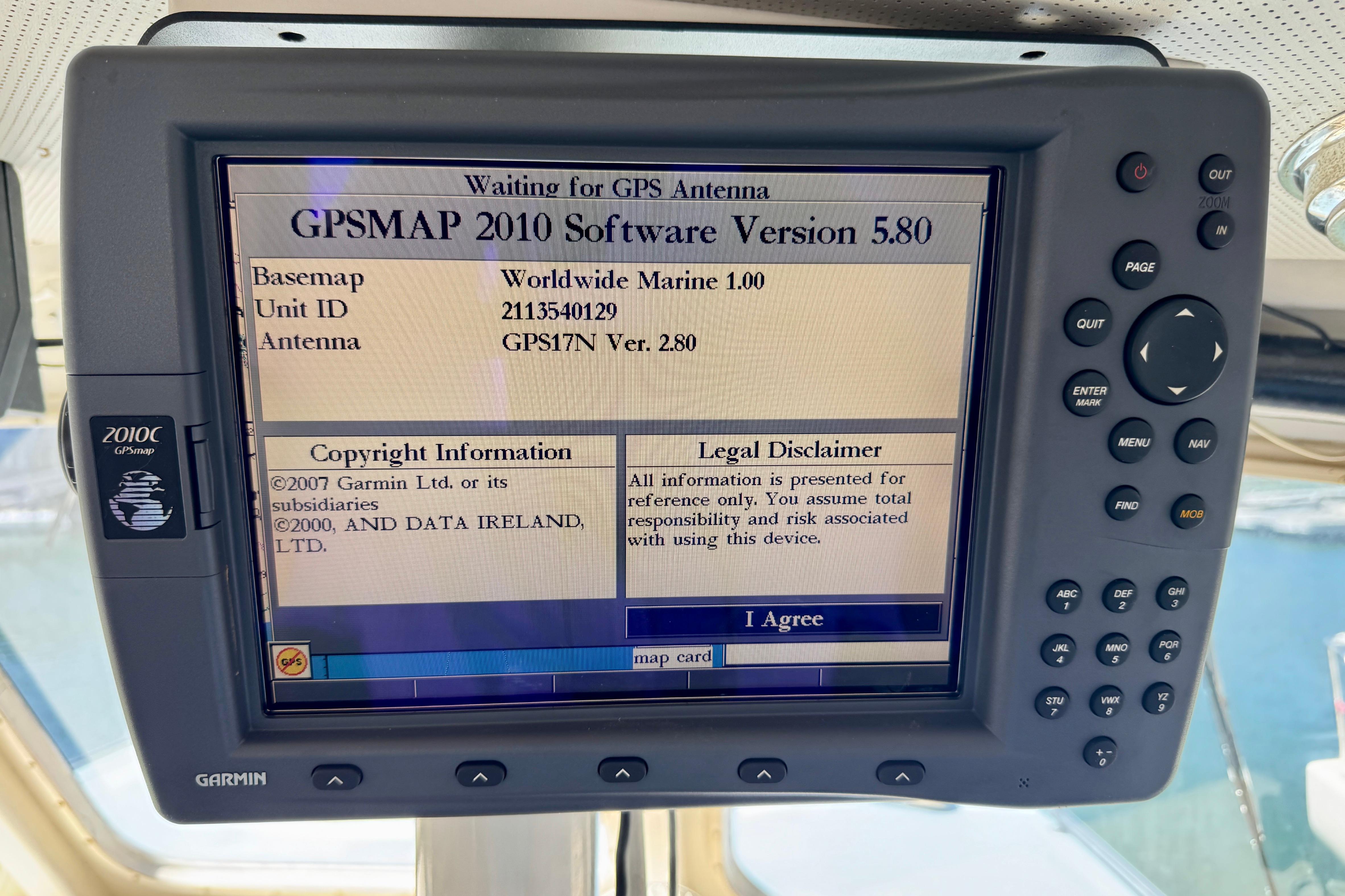 Garmin GPSMAP 2010C display on 1982 Jarvis Newman Flybridge Cruiser, showing software version 5.80.
