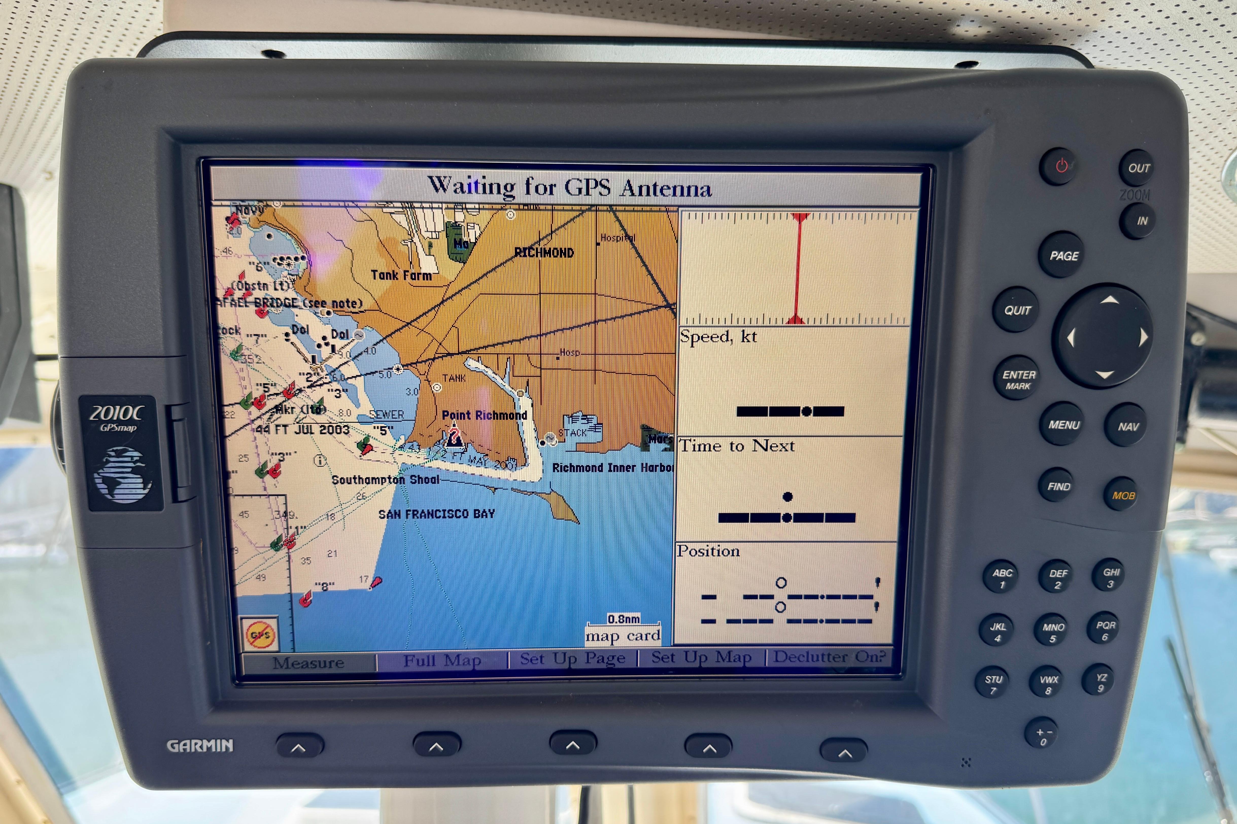 Garmin GPS display on 1982 Jarvis Newman Flybridge Cruiser, showing San Francisco Bay map.