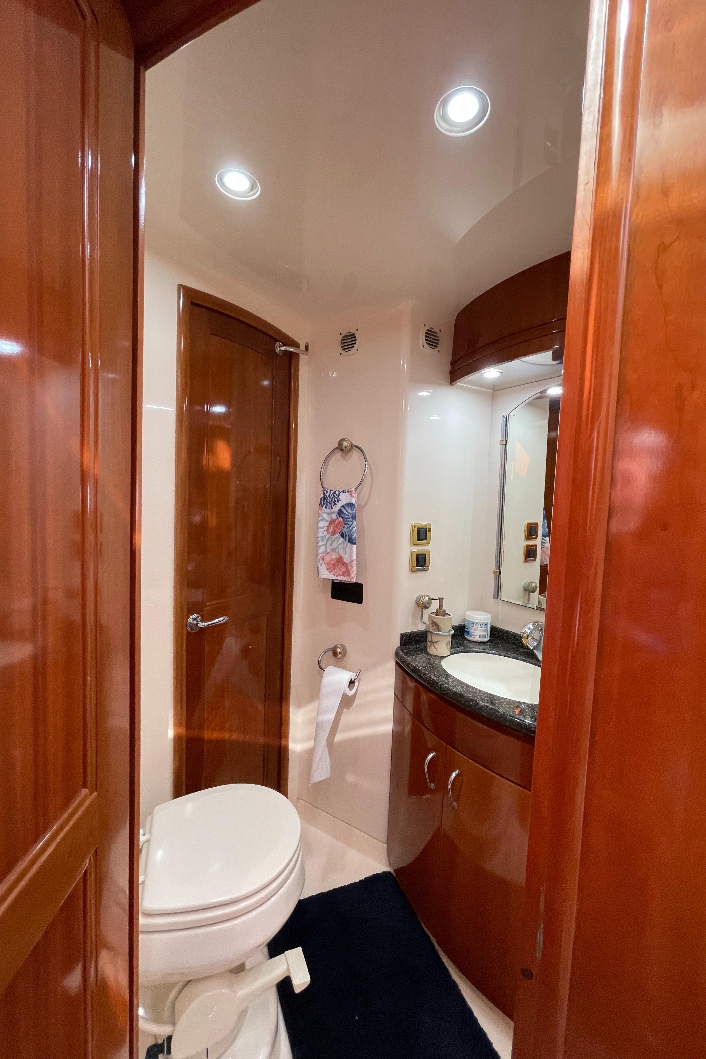 Carver-56 Voyager 2005-Just A Dream FL-US-2005 Carver 56 Voyager yacht bathroom with wood accents and modern fixtures.-9669425 | Thumbnail