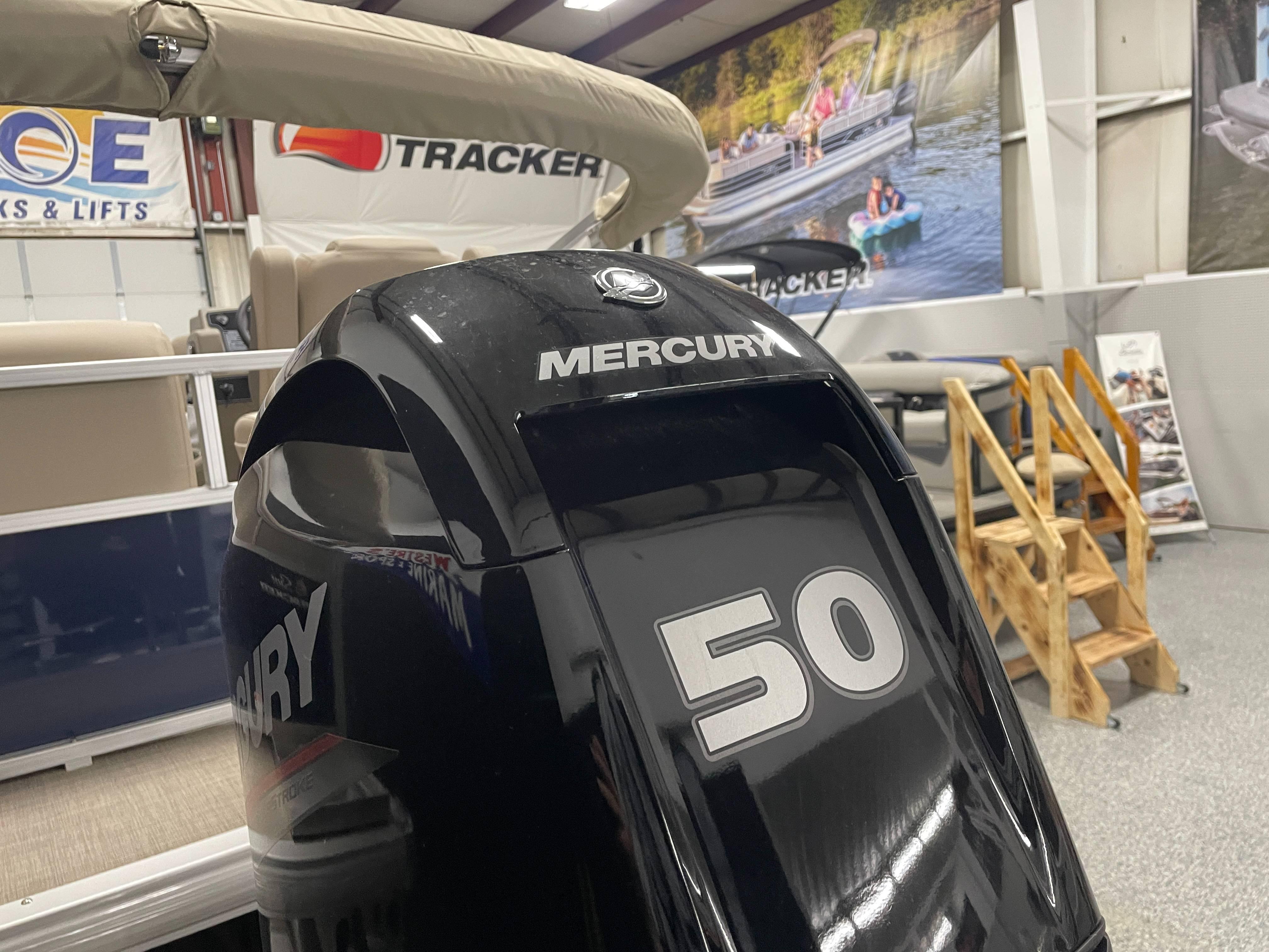Mercury 50 horsepower engine on 2025 Sun Tracker Bass Buggy 16 XL Select pontoon boat.