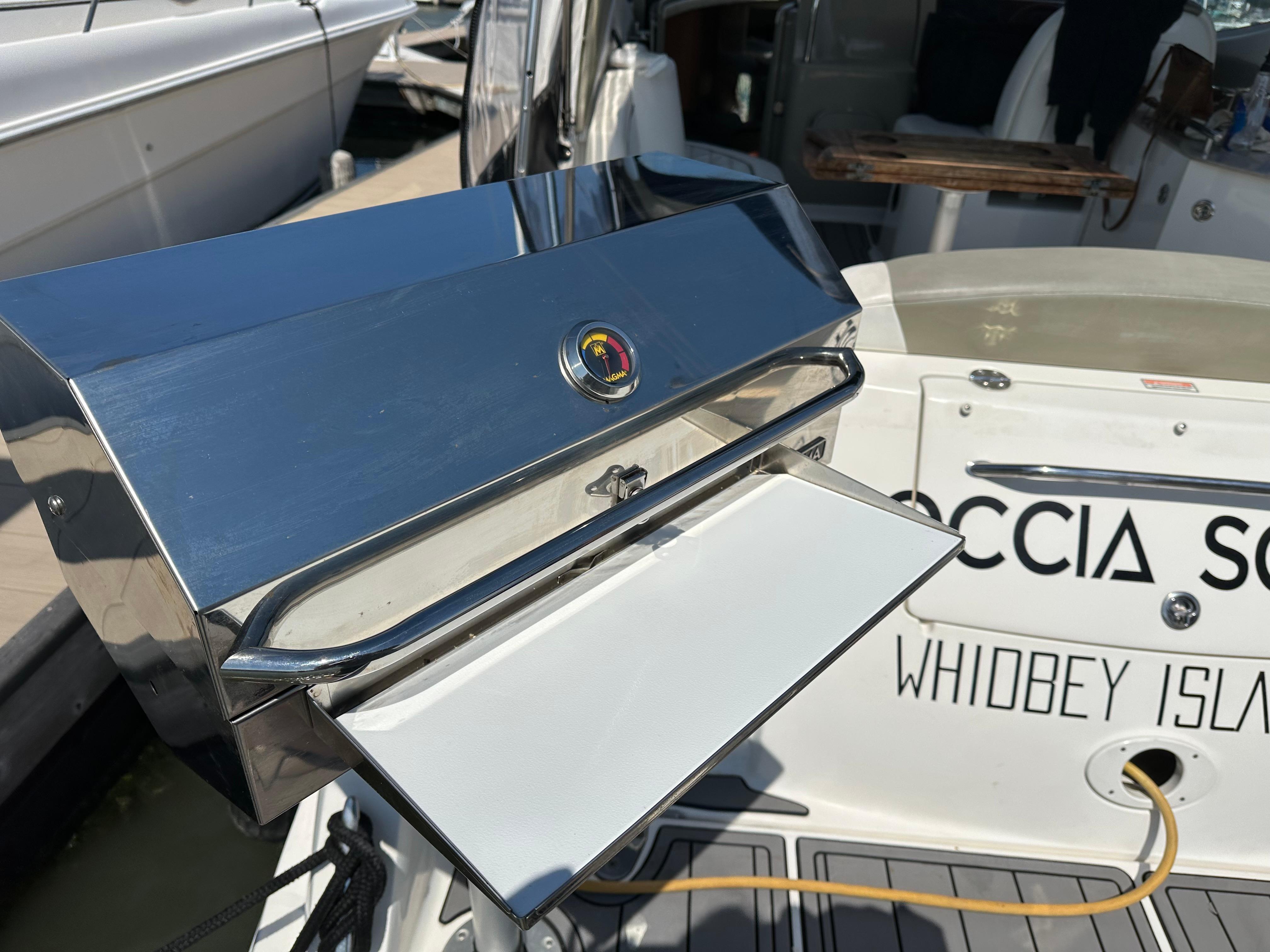 2006 Sea Ray 290 Sundancer with a shiny stainless steel grill on deck.