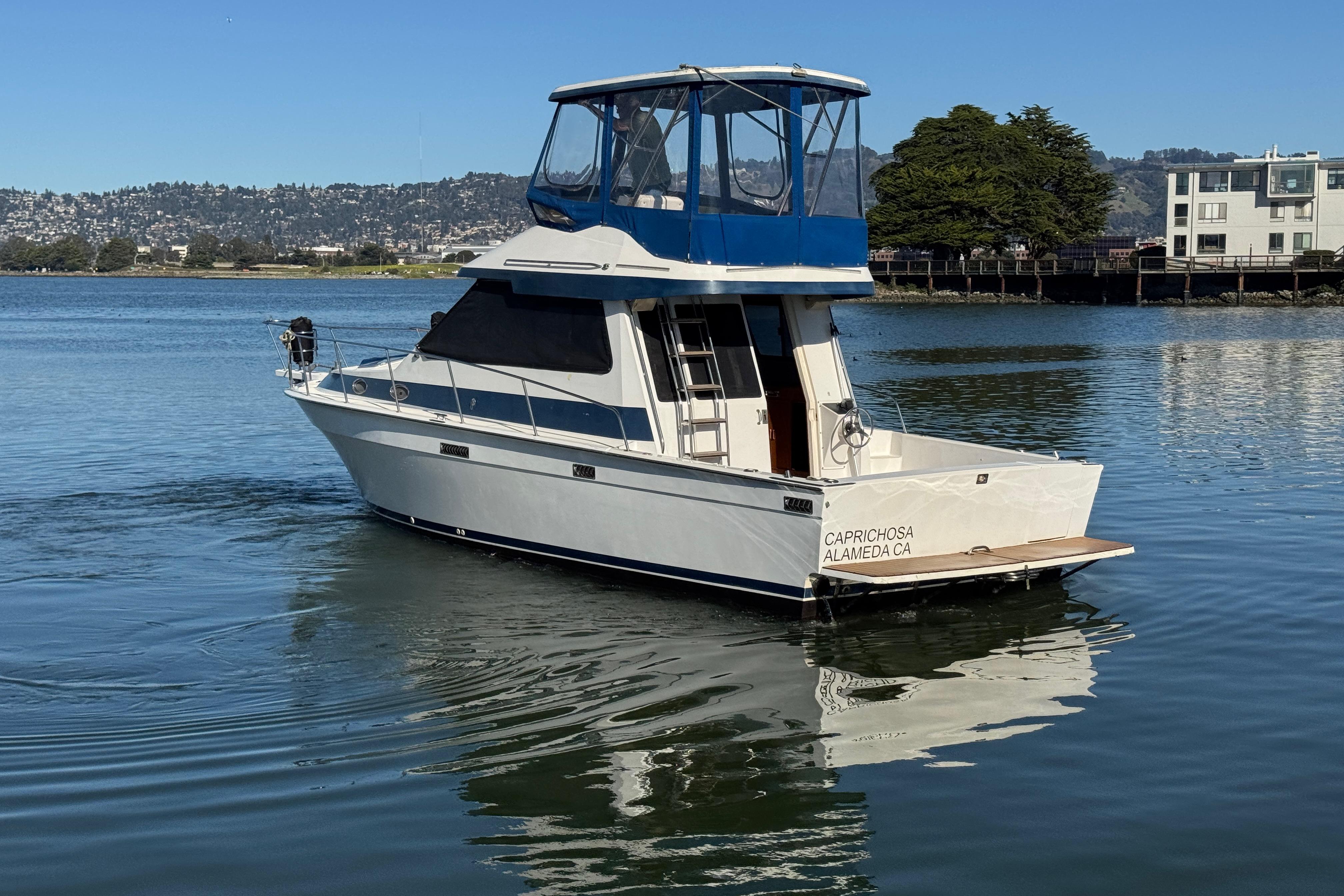 1989 Mediterranean 38 boat on calm water, Alameda, California.