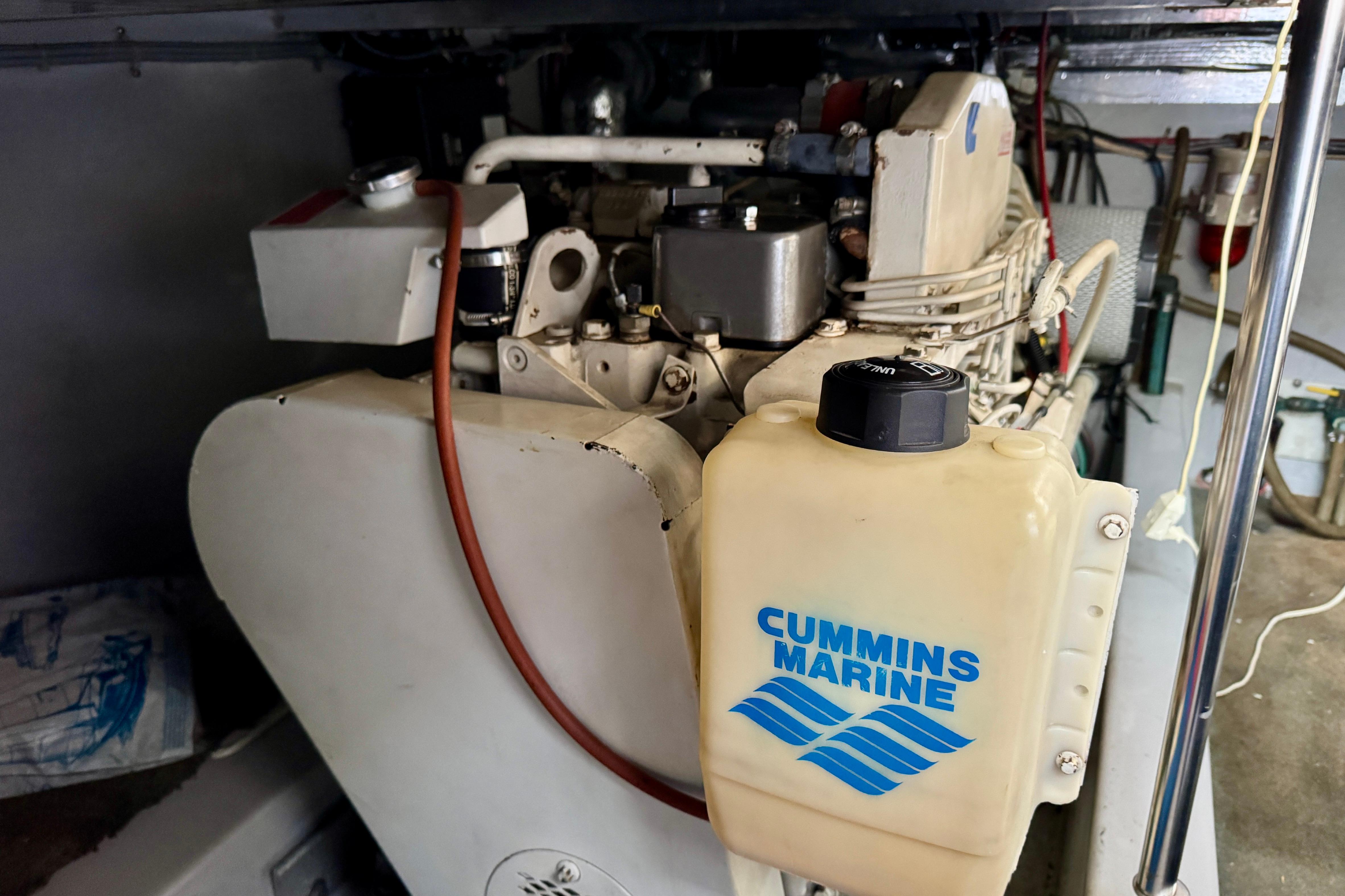1989 Mediterranean 38 boat engine with Cummins Marine components in engine room.