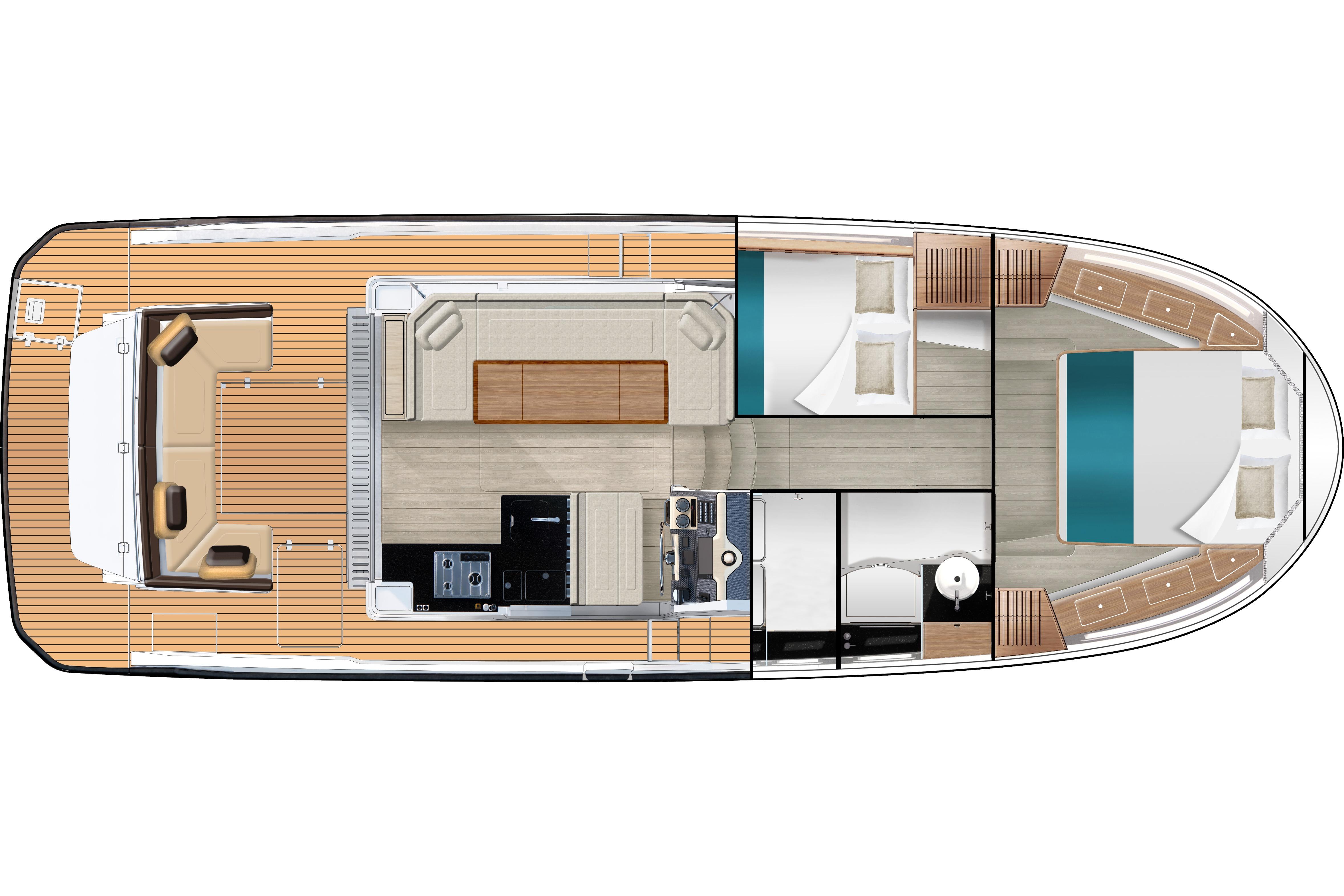 2023 Delphia 11 Flylounge yacht floor plan, featuring spacious interior and deck layout.