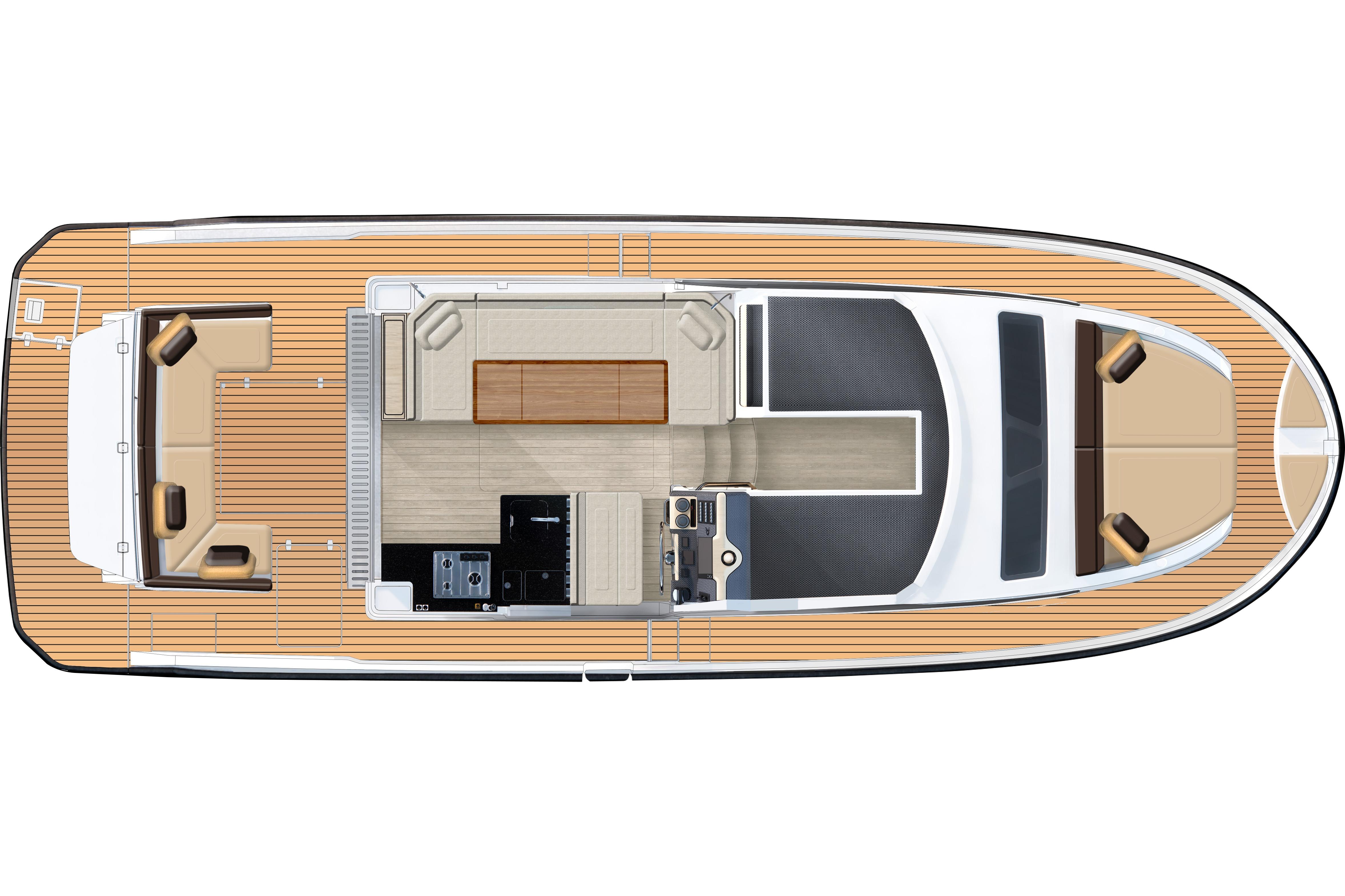 Top view of 2023 Delphia 11 Flylounge boat layout with seating and interior design.