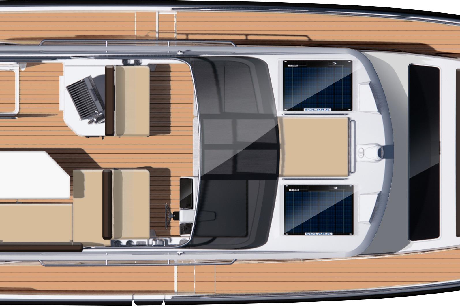 Top view of 2023 Delphia 11 Flylounge yacht with solar panels and seating area.