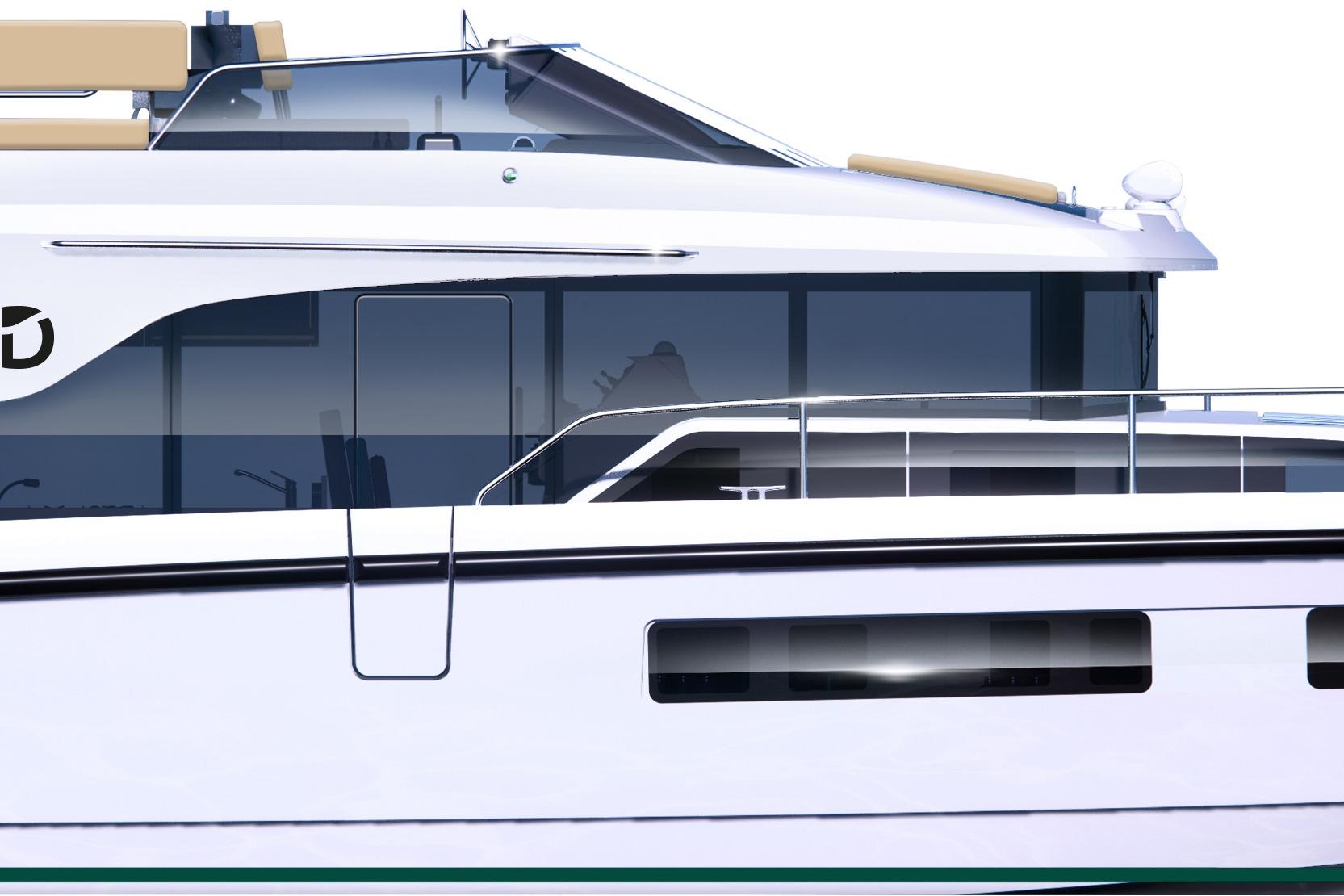 2023 Delphia 11 Flylounge yacht, sleek design with modern glass windows and upper deck.