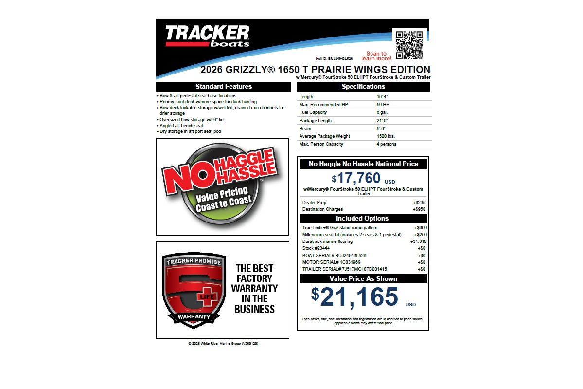 2026 Tracker Grizzly 1650 T Prairie Wings Edition boat specifications and pricing details.