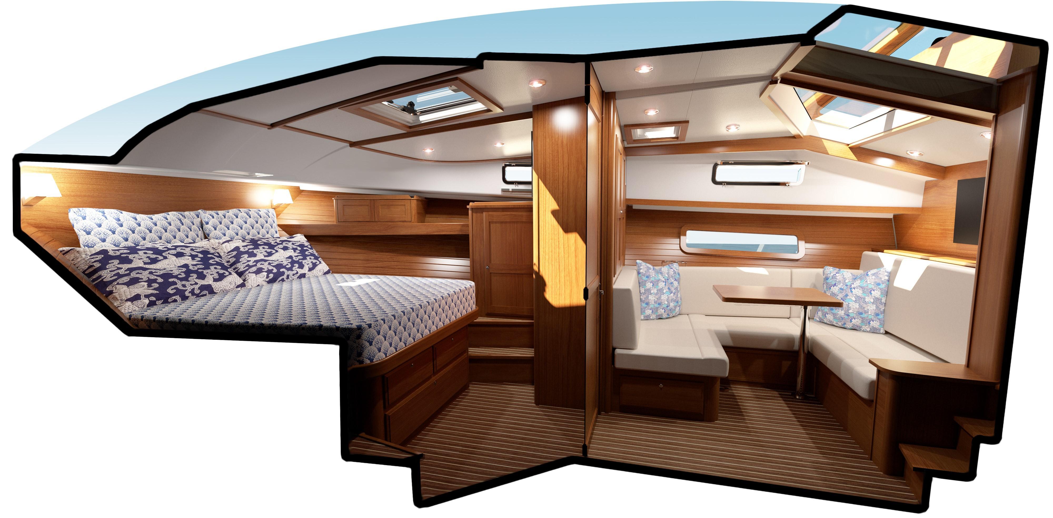 Interior view of 2026 Sabre 43 Salon Express yacht, featuring cozy bedroom and elegant dining area.