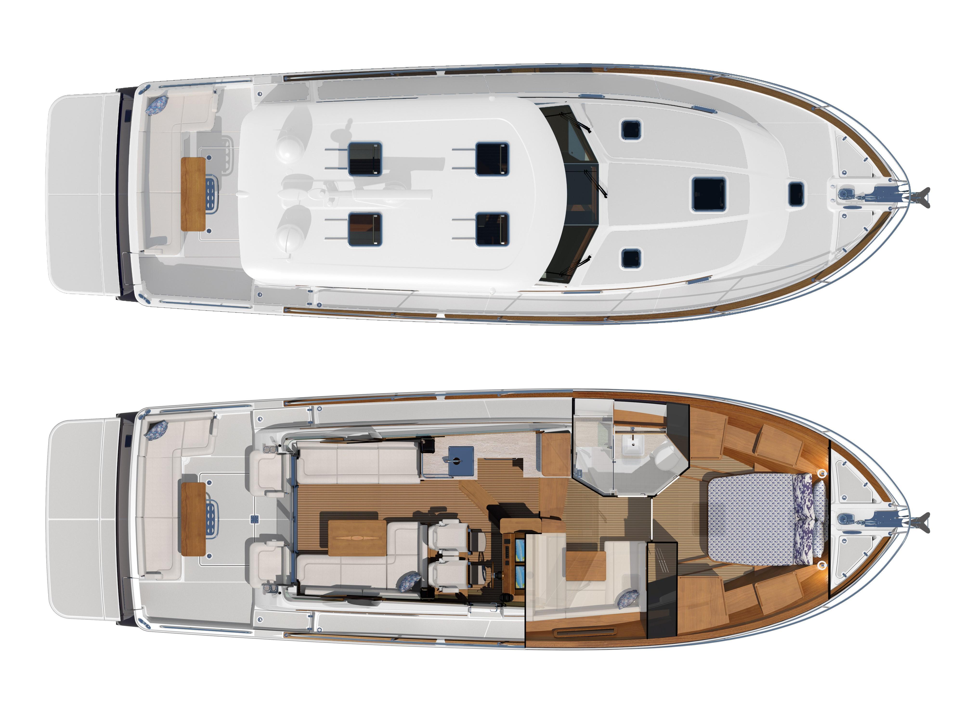 Top and interior view of 2026 Sabre 43 Salon Express yacht layout.