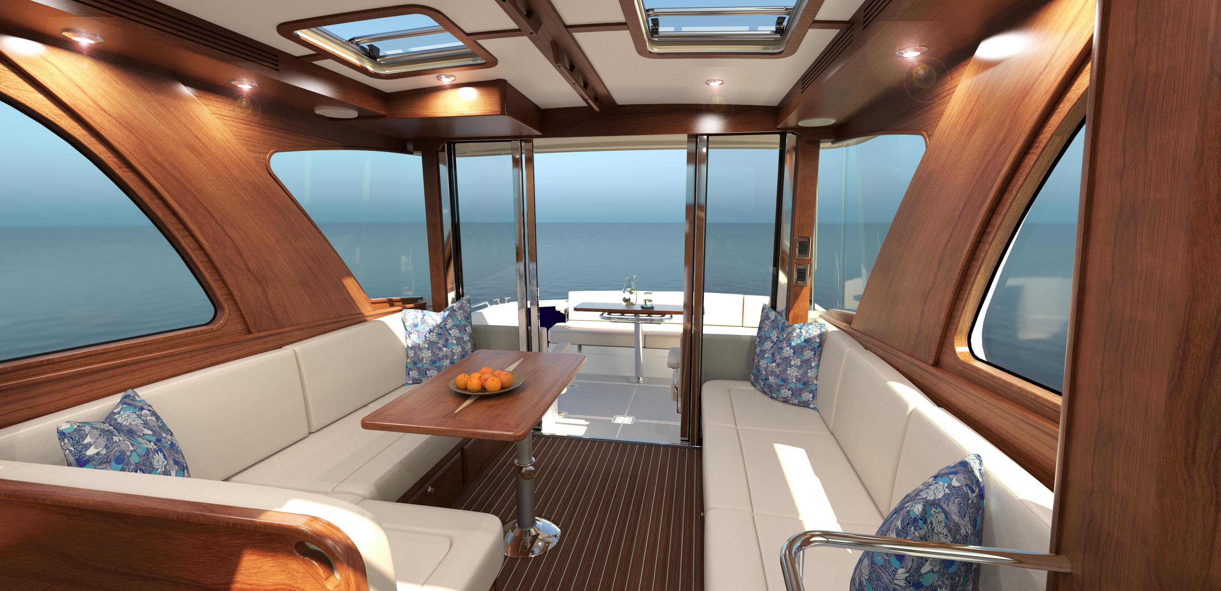 Luxurious interior of 2026 Sabre 43 Salon Express yacht with elegant wood finish and ocean view.