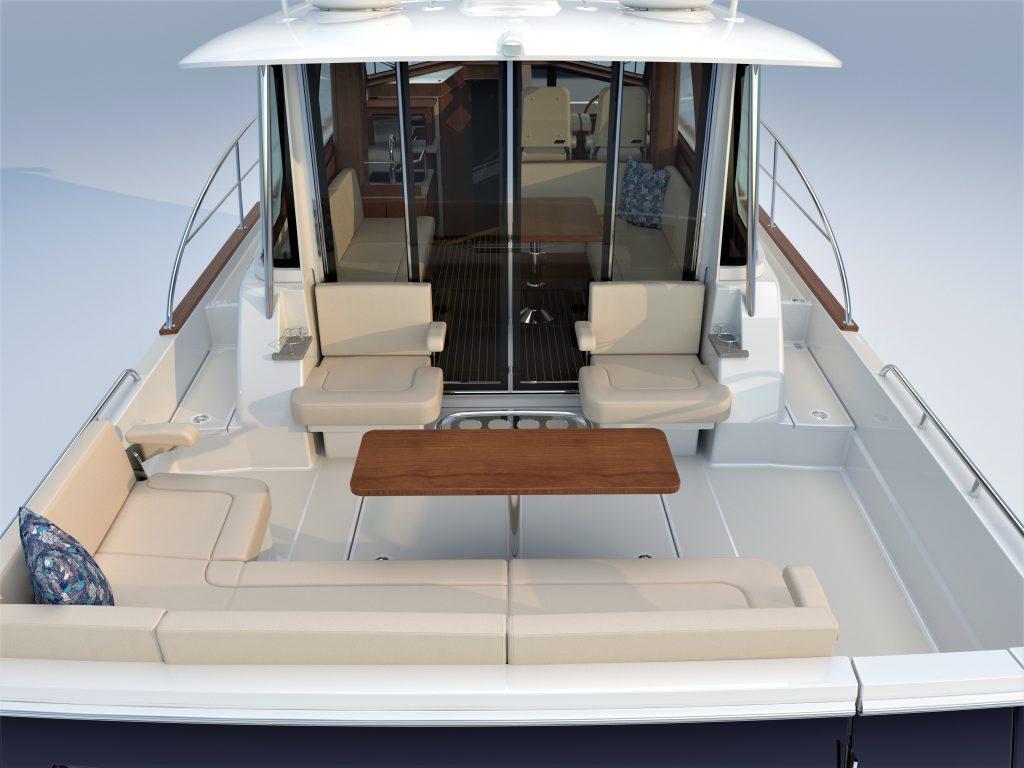 2026 Sabre 43 Salon Express yacht with elegant outdoor seating and wooden table.