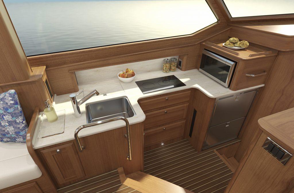 Luxurious kitchen interior of 2026 Sabre 43 Salon Express yacht with modern amenities.