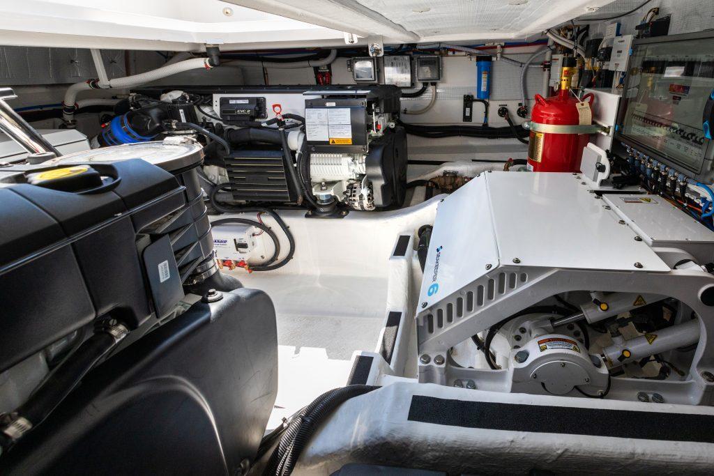 Engine room of 2026 Sabre 43 Salon Express, showcasing advanced marine equipment and systems.