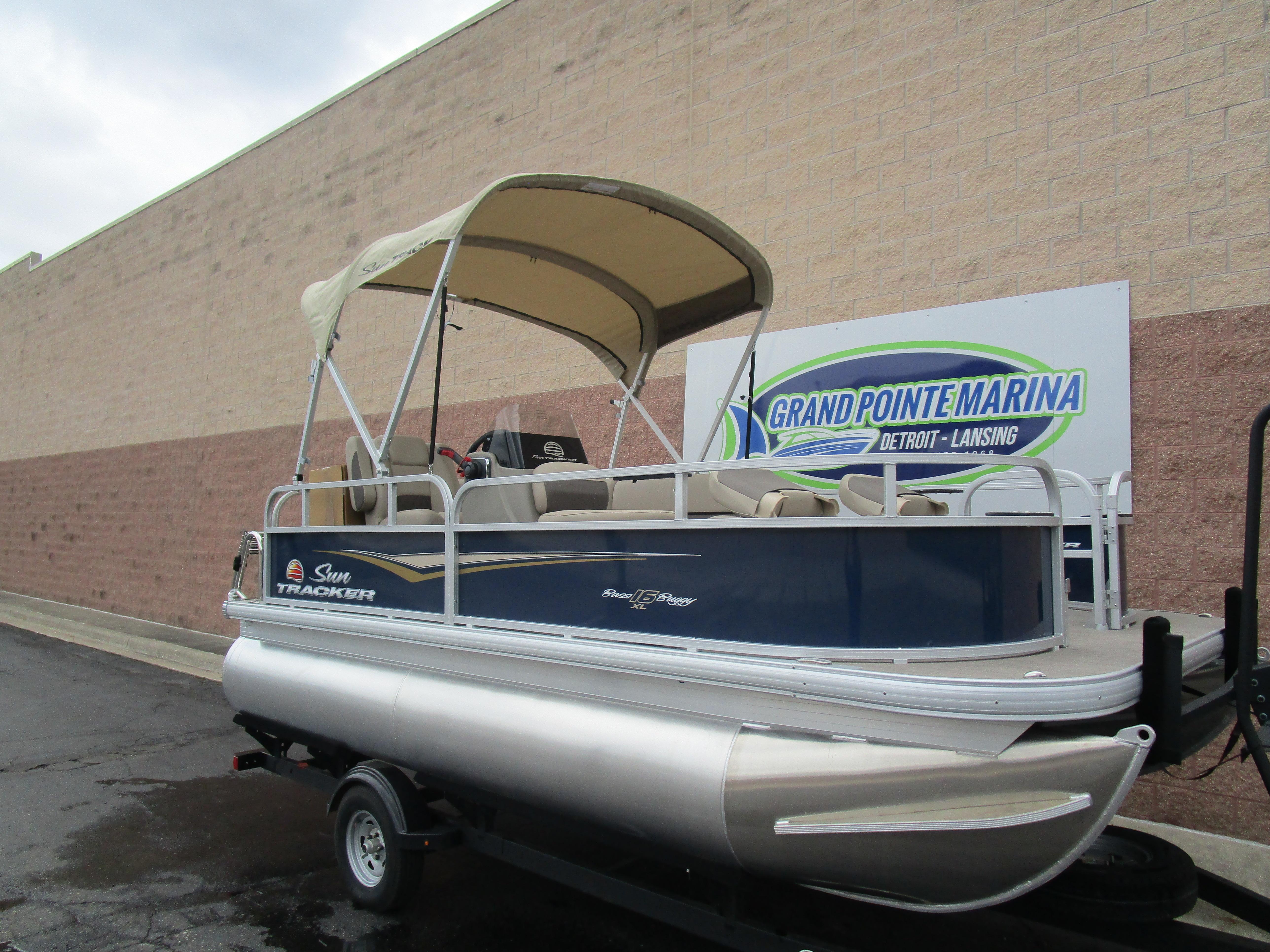 2025 Sun Tracker Bass Buggy 16 pontoon boat at Grand Pointe Marina.