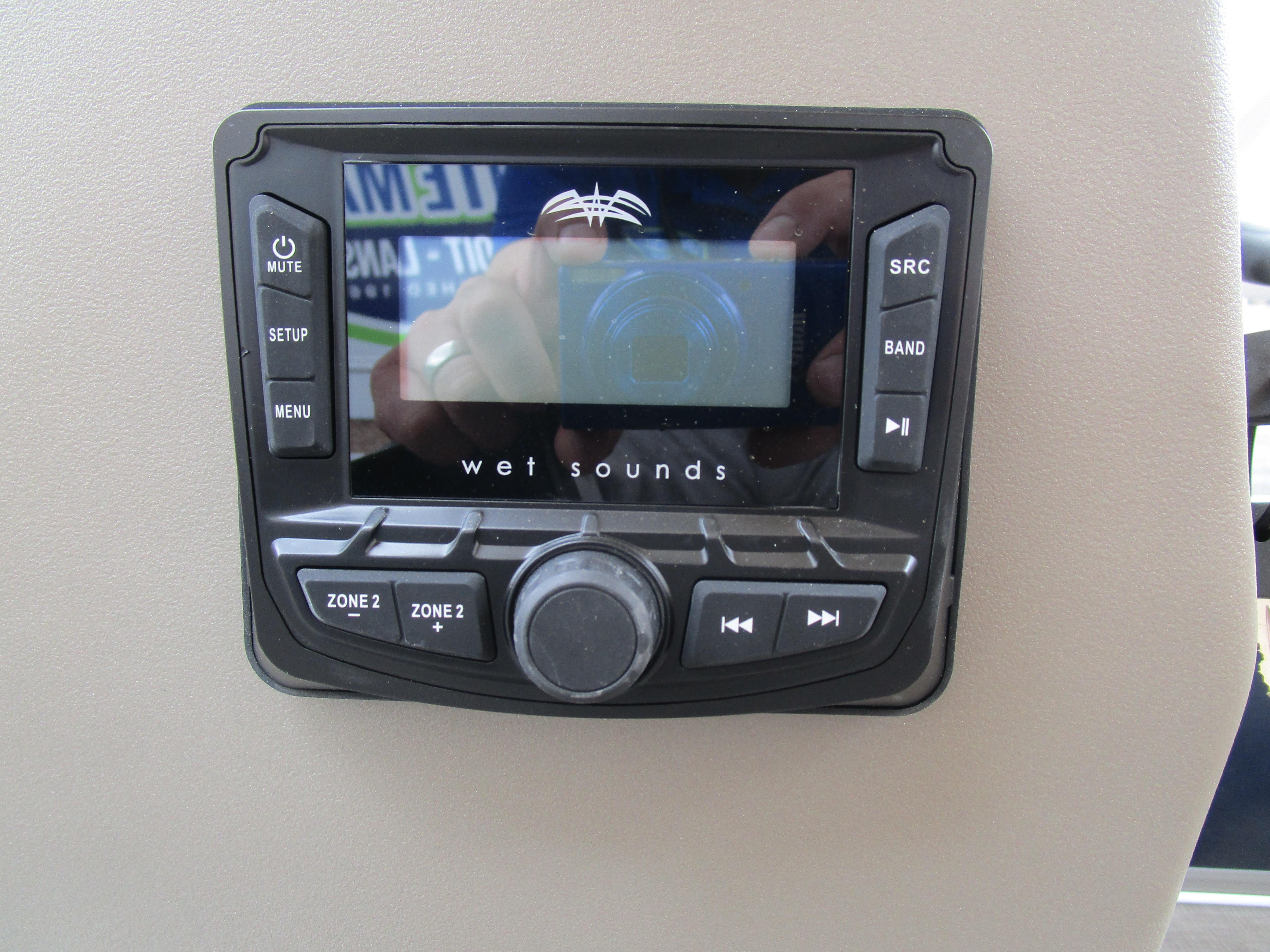 Wet Sounds audio system on 2025 Sun Tracker Bass Buggy 16 boat dashboard.
