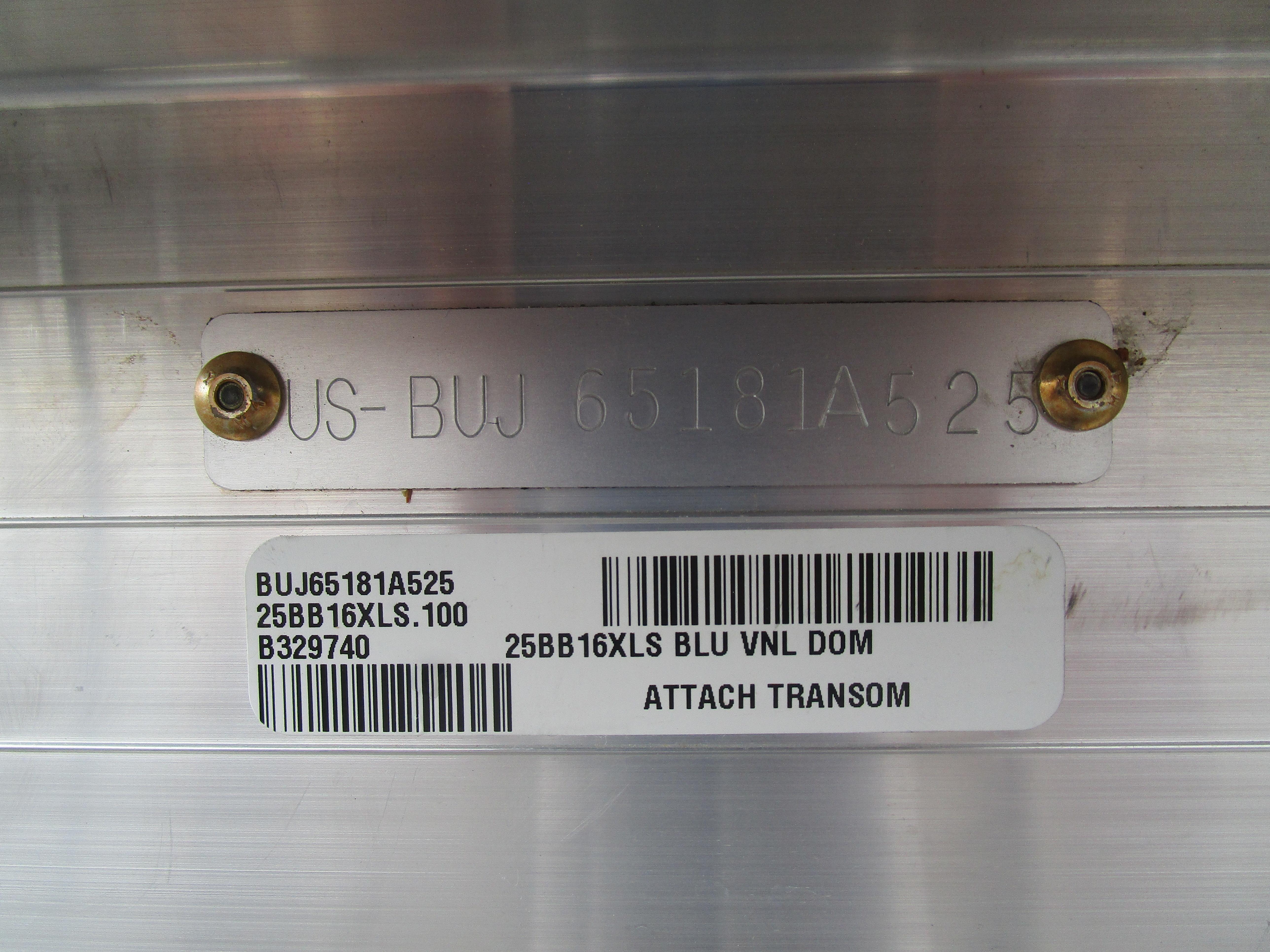 2025 Sun Tracker Bass Buggy 16 serial number plate with barcodes and transom attachment instructions.