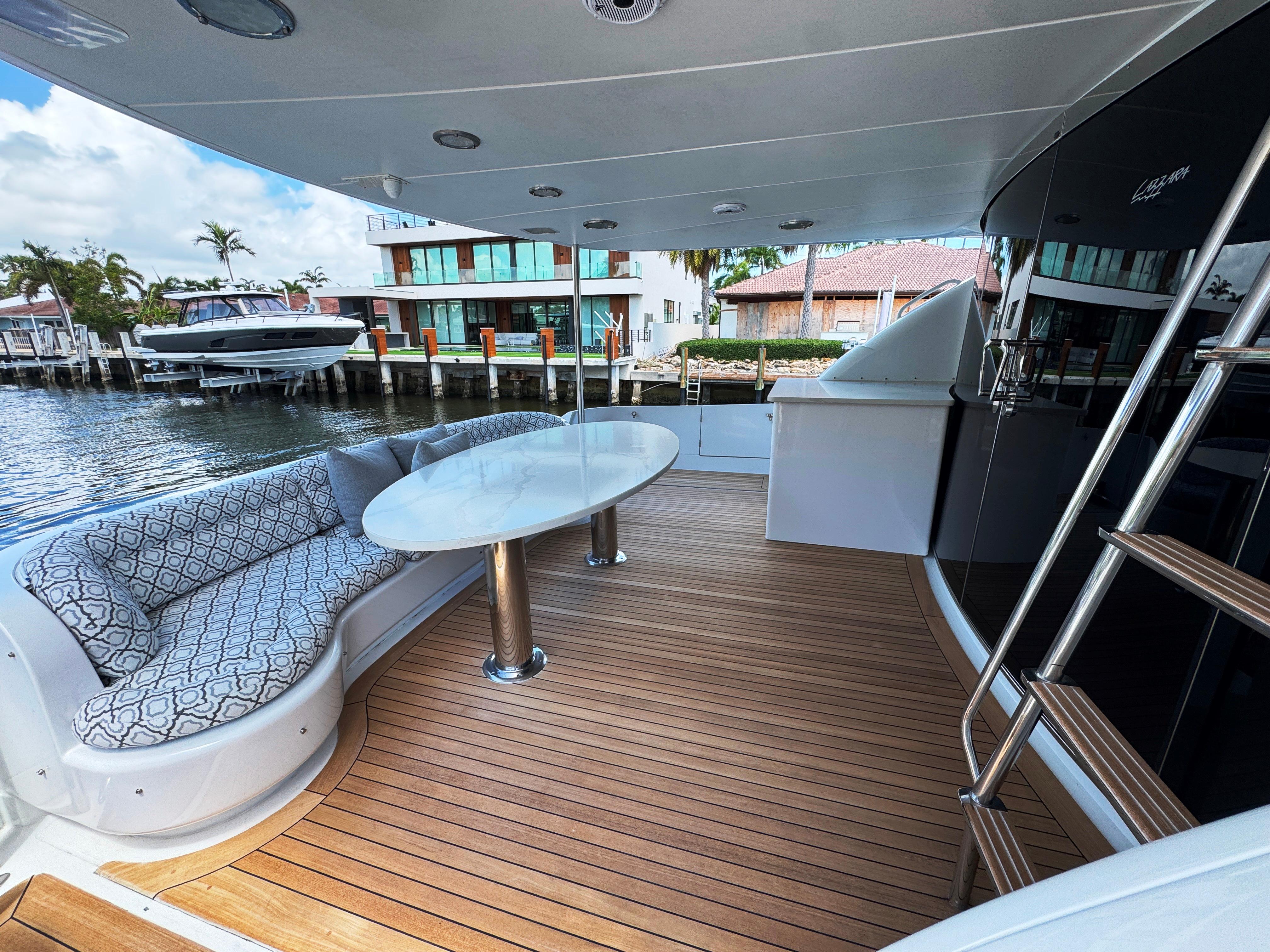 Lazzara-80 Skylounge 2002-Fomo2 FL-US-Luxurious 2002 Lazzara 80 Skylounge yacht deck with seating and table, docked by waterfront homes.-9749638 | Thumbnail