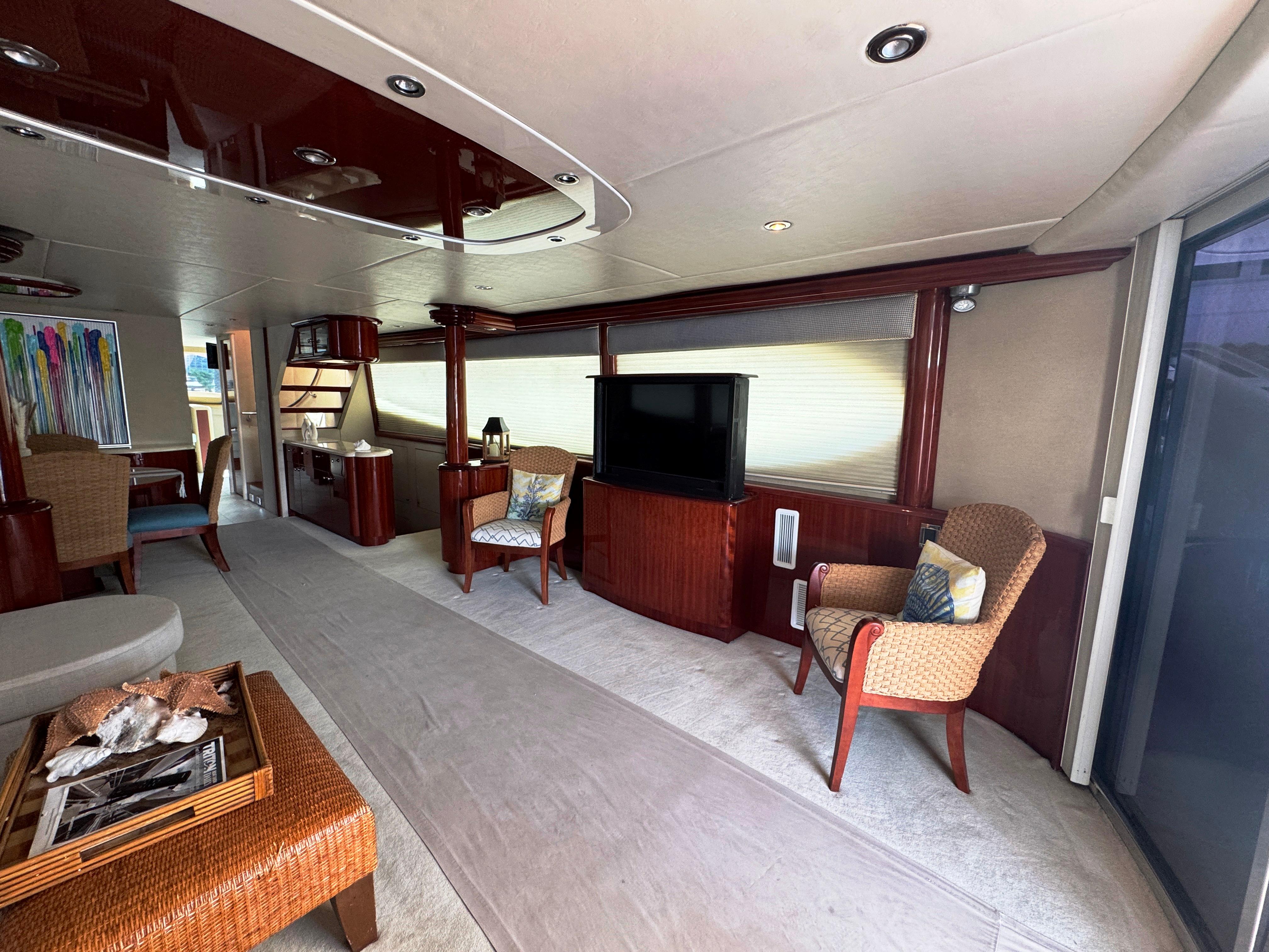 Lazzara-80 Skylounge 2002-Fomo2 FL-US-Luxurious interior of a 2002 Lazzara 80 Skylounge yacht with elegant seating and entertainment area.-9749638 | Thumbnail