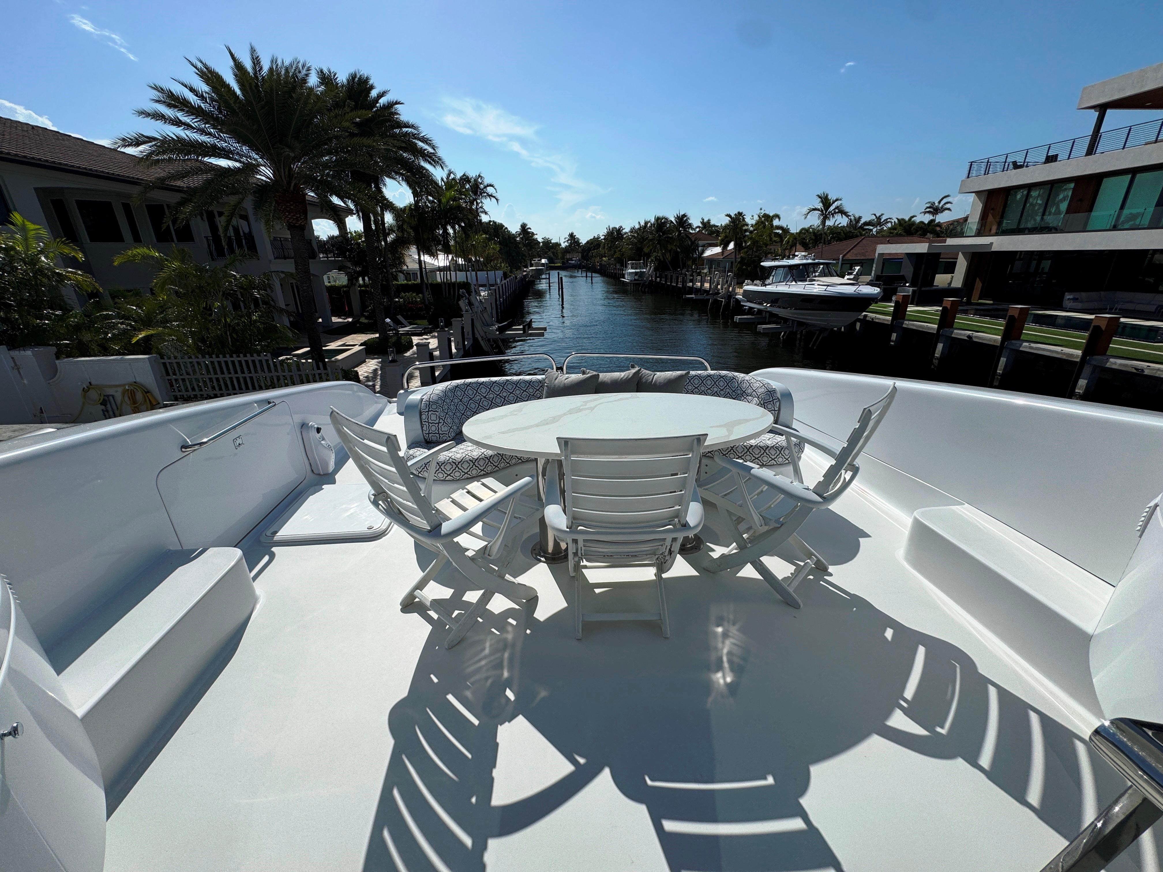 Lazzara-80 Skylounge 2002-Fomo2 FL-US-2002 Lazzara 80 Skylounge yacht deck with dining area, overlooking a scenic waterfront view.-9749638 | Thumbnail