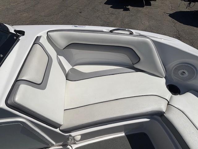 2017 Yamaha Boats SX190 interior seating with white and gray upholstery.