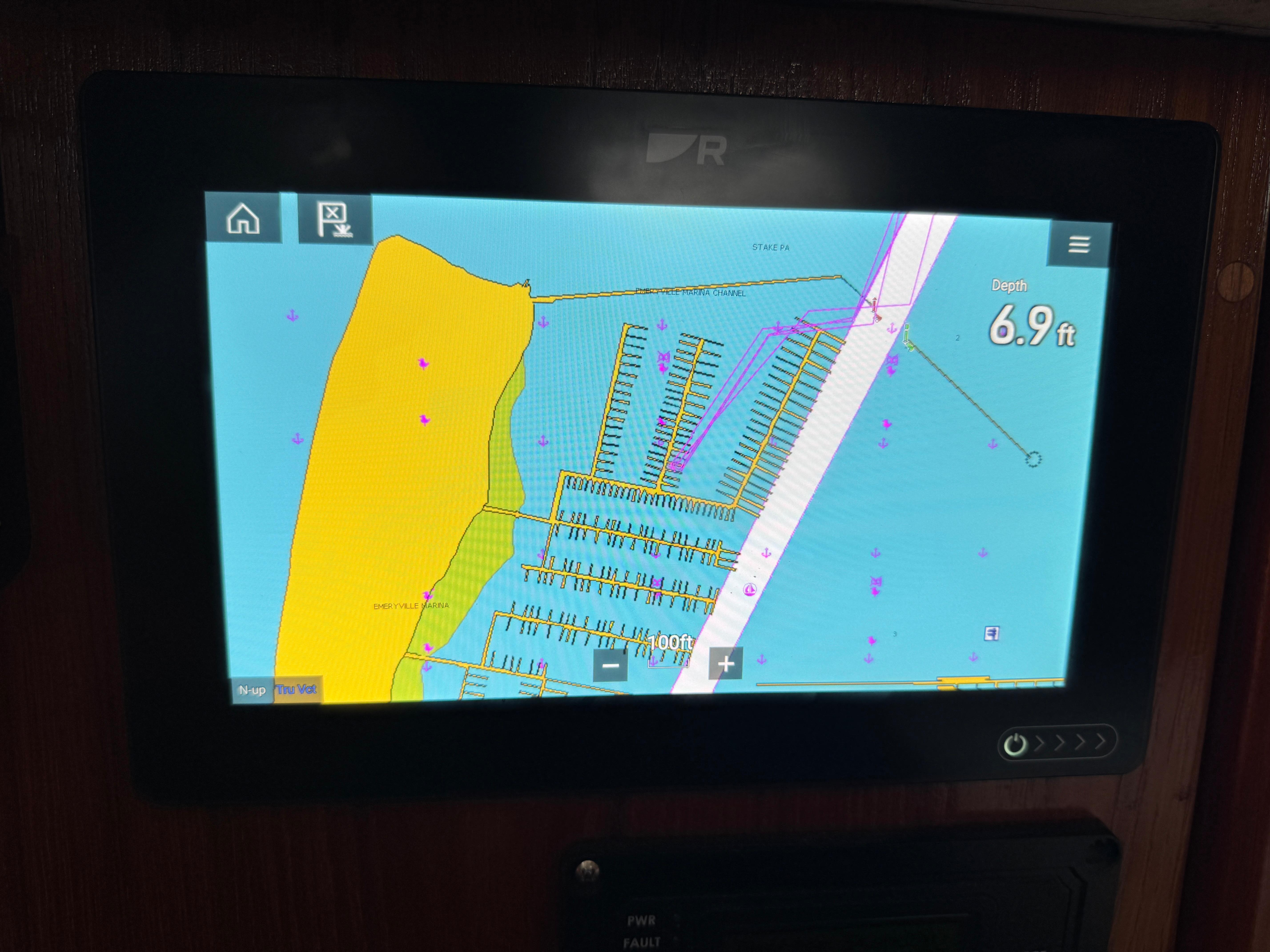 Navigation display on a 1970 Cheoy Lee Luders 36, showing depth of 6.9 feet.