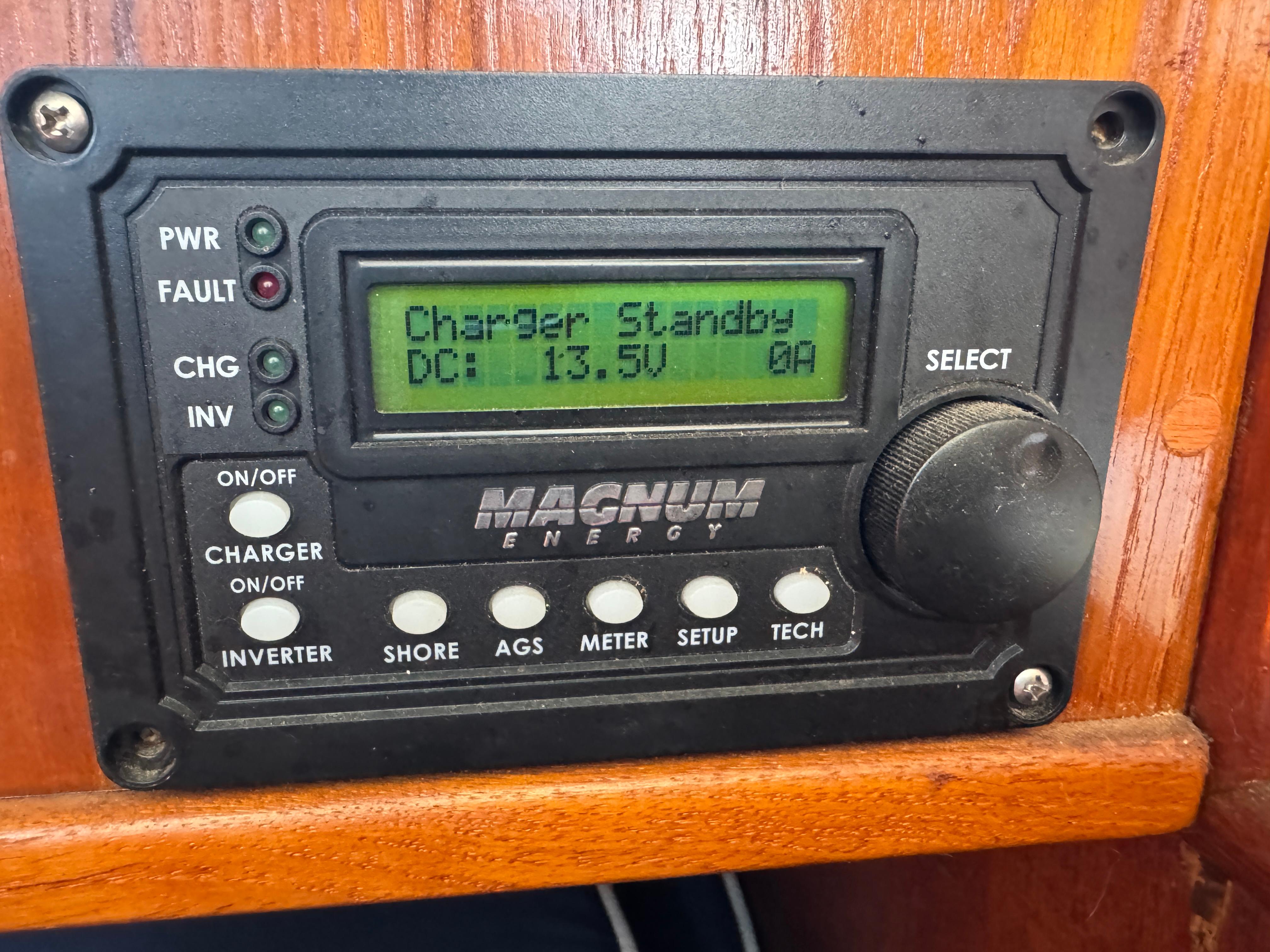Magnum Energy charger display on 1970 Cheoy Lee Luders 36 sailboat, showing standby mode.