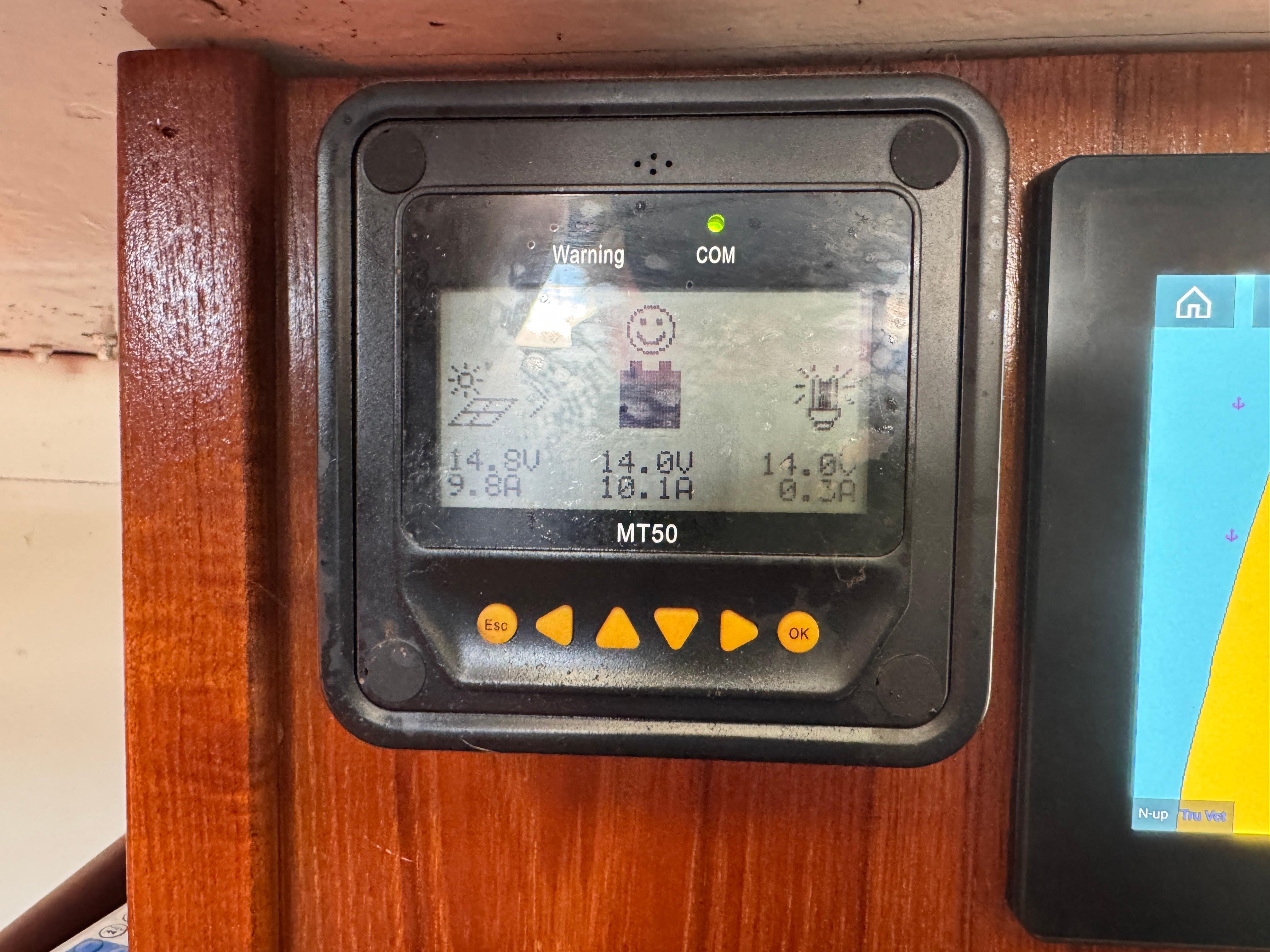 Control panel on a 1970 Cheoy Lee Luders 36 sailboat, displaying voltage and current readings.