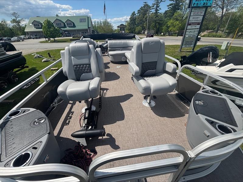 2022 Ranger 220 F boat interior with gray seating and fishing equipment.