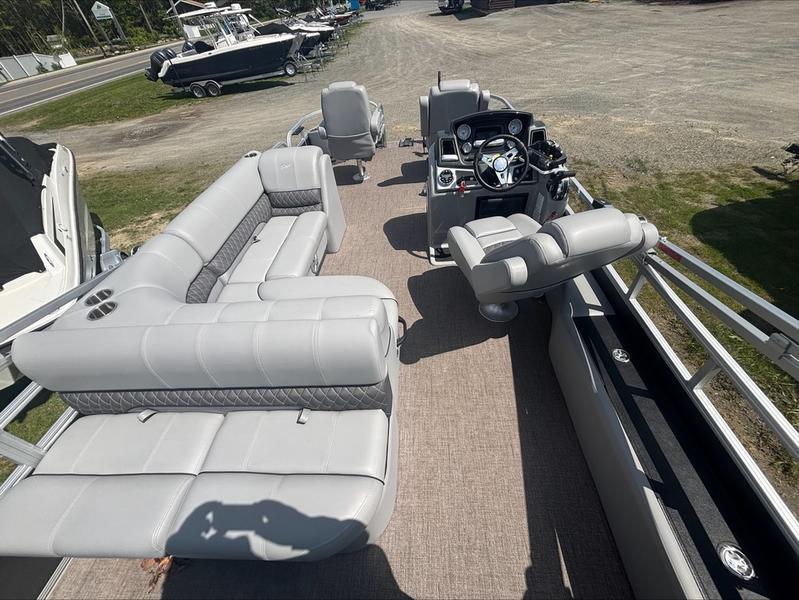 2022 Ranger 220 F pontoon boat interior with gray seating and steering console.