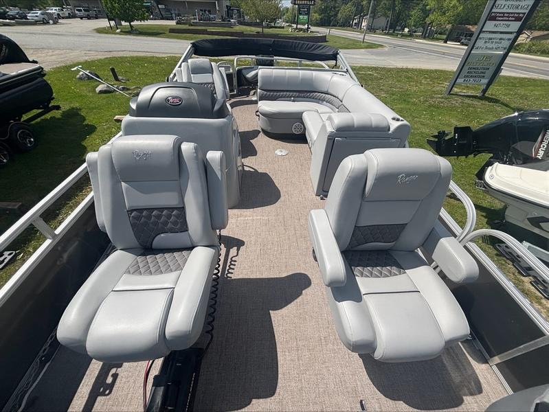 2022 Ranger 220 F boat interior with luxurious gray seating and spacious layout.