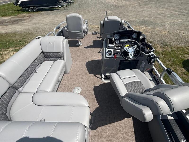 2022 Ranger 220 F pontoon boat interior with plush seating and modern dashboard.