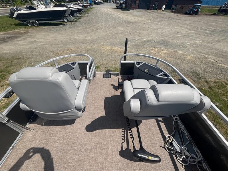 2022 Ranger 220 F boat interior with two gray seats and control panel.