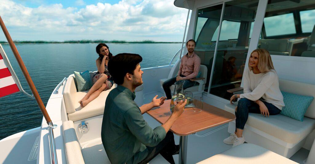 People enjoying a relaxing day on a 2026 Back Cove 412 yacht.