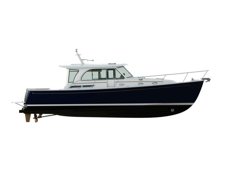 2026 Back Cove 412 boat, side view, sleek design, white and navy blue hull.