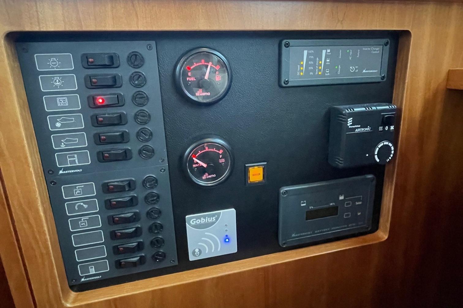 Control panel of a 2012 Linssen 36.9 boat with gauges and switches.