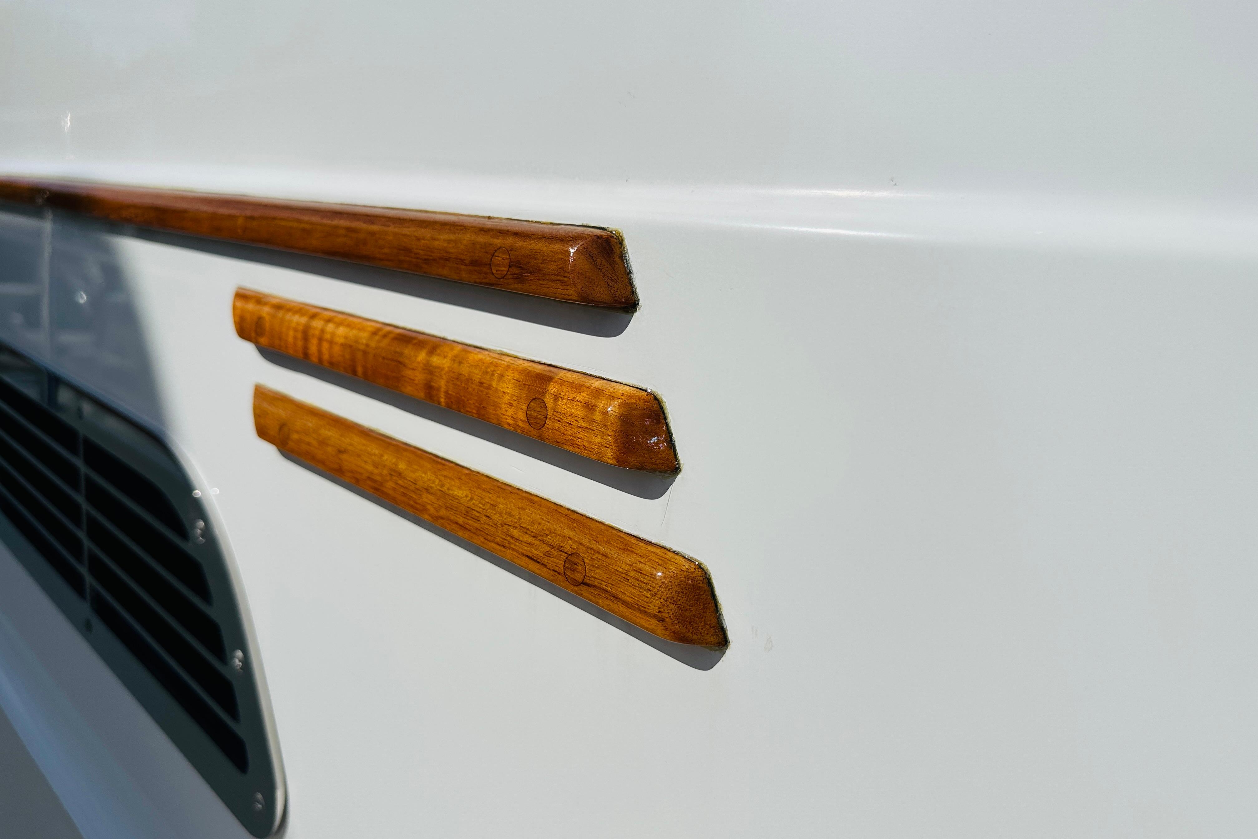 Close-up of 2017 Sabre 42 Salon Express wooden trim detail.