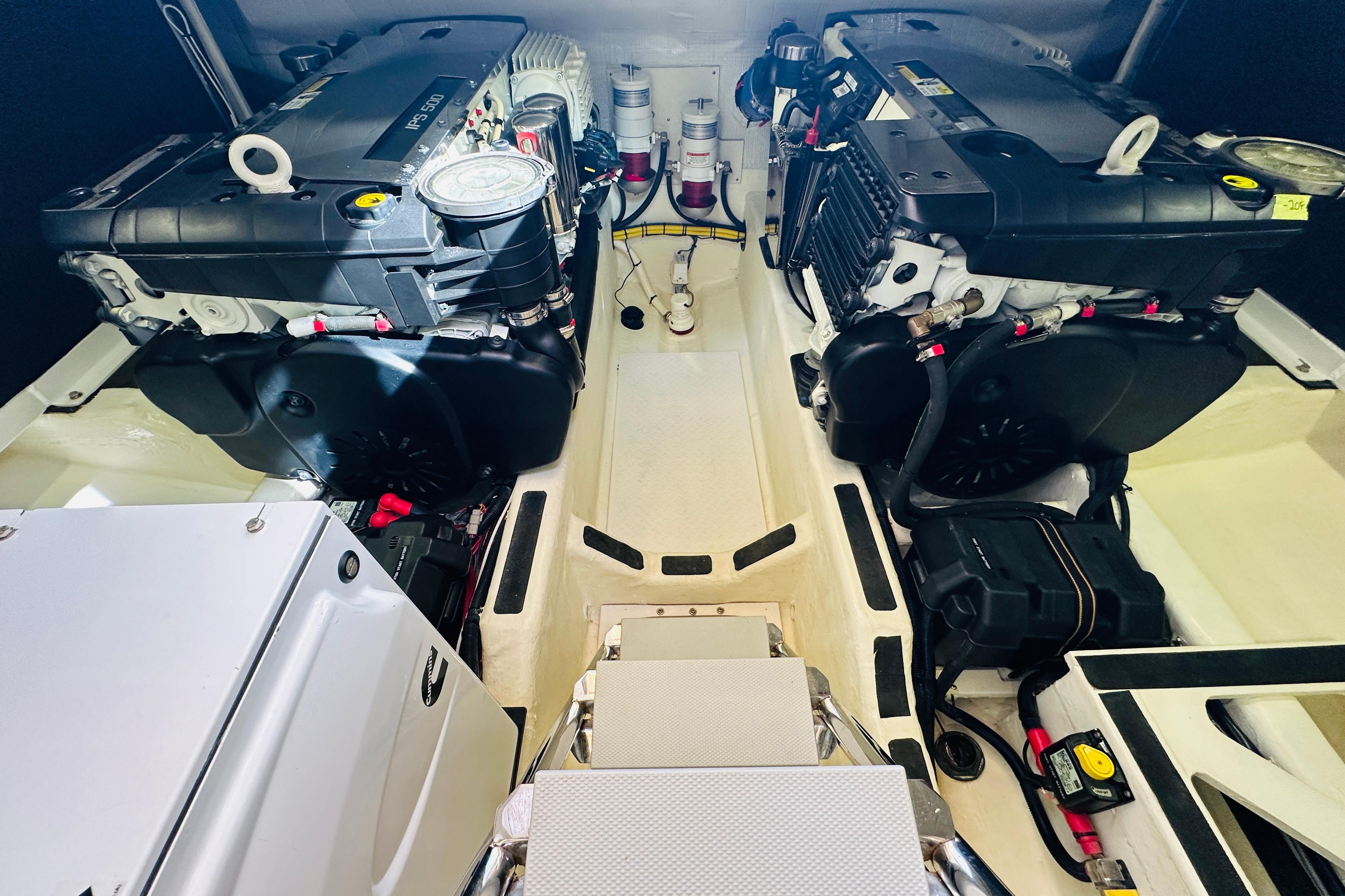 Engine room of 2017 Sabre 42 Salon Express with dual engines and equipment.