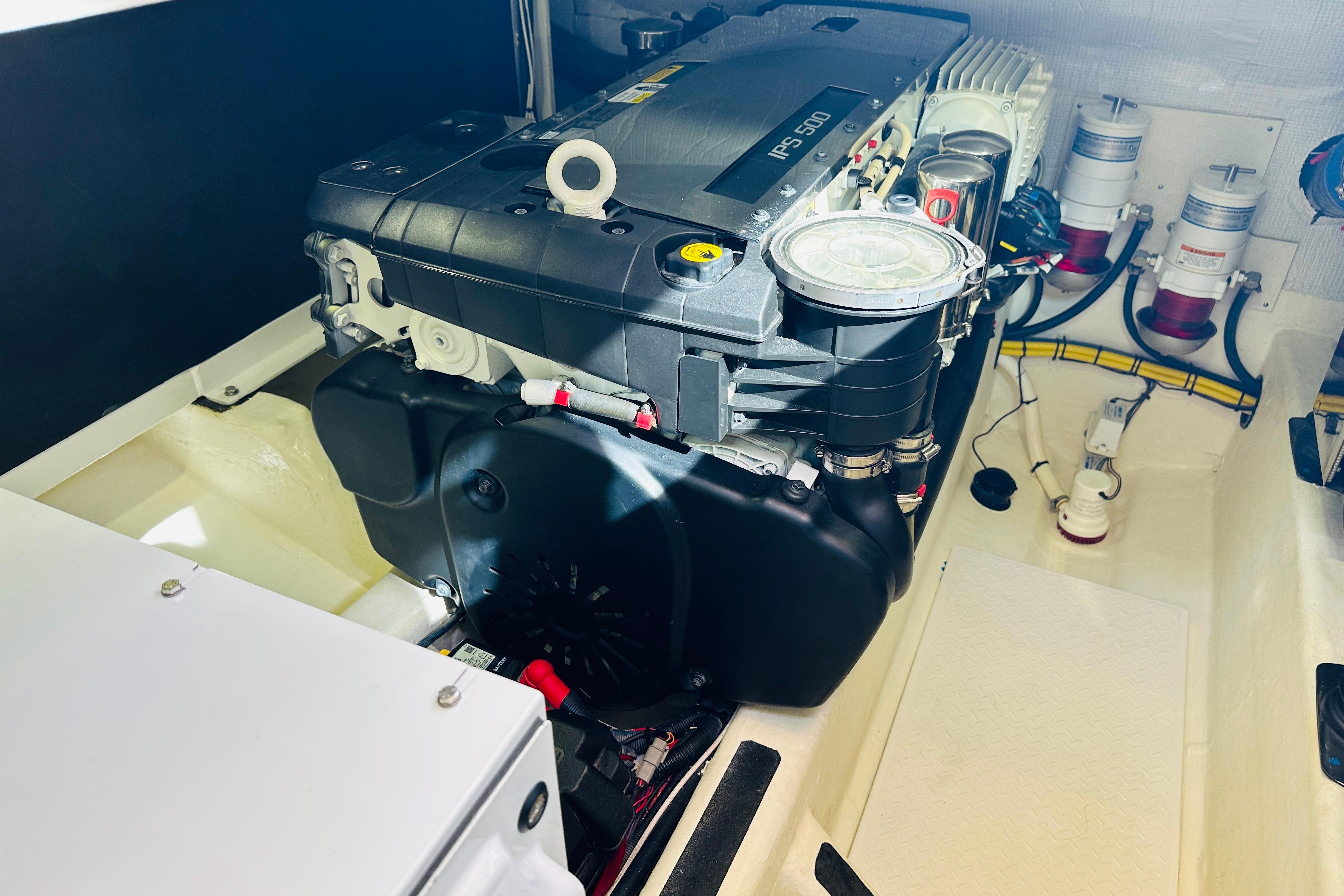 Engine room of 2017 Sabre 42 Salon Express, featuring IPS 500 engine components.