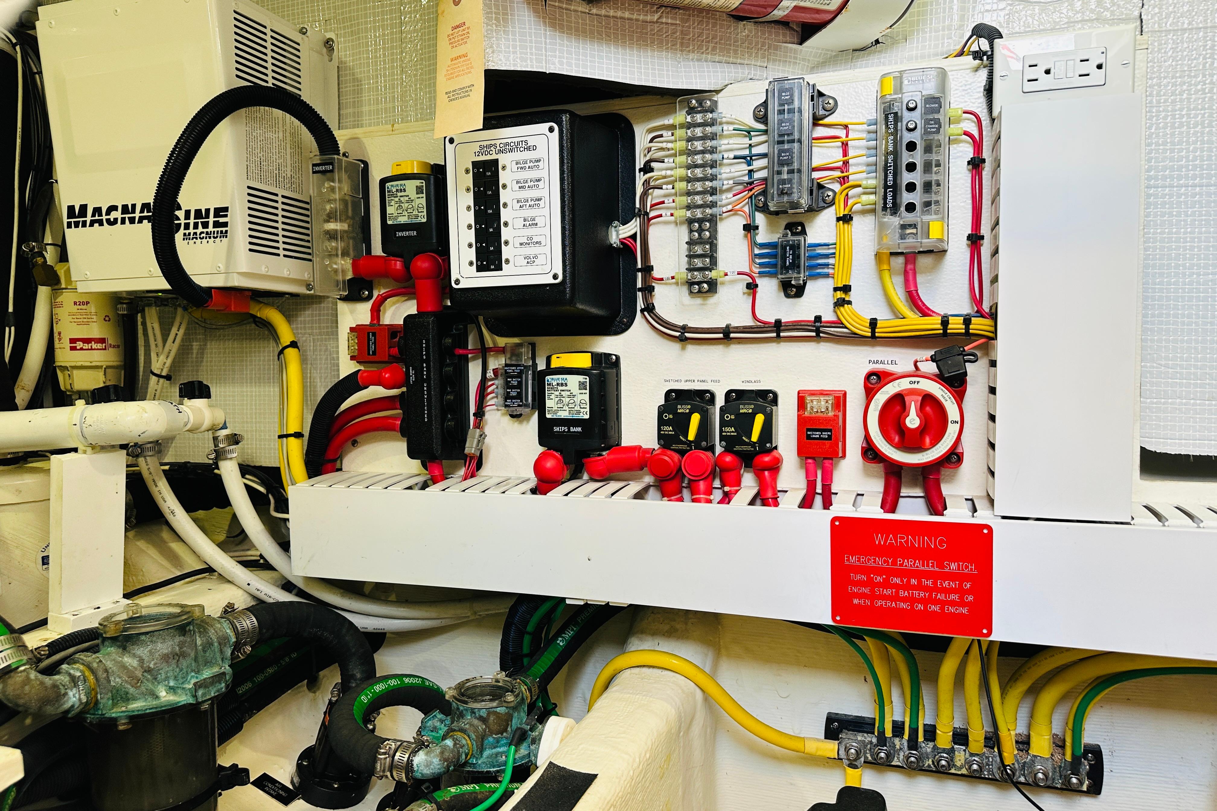 Electrical panel in 2017 Sabre 42 Salon Express engine room with wiring and controls.