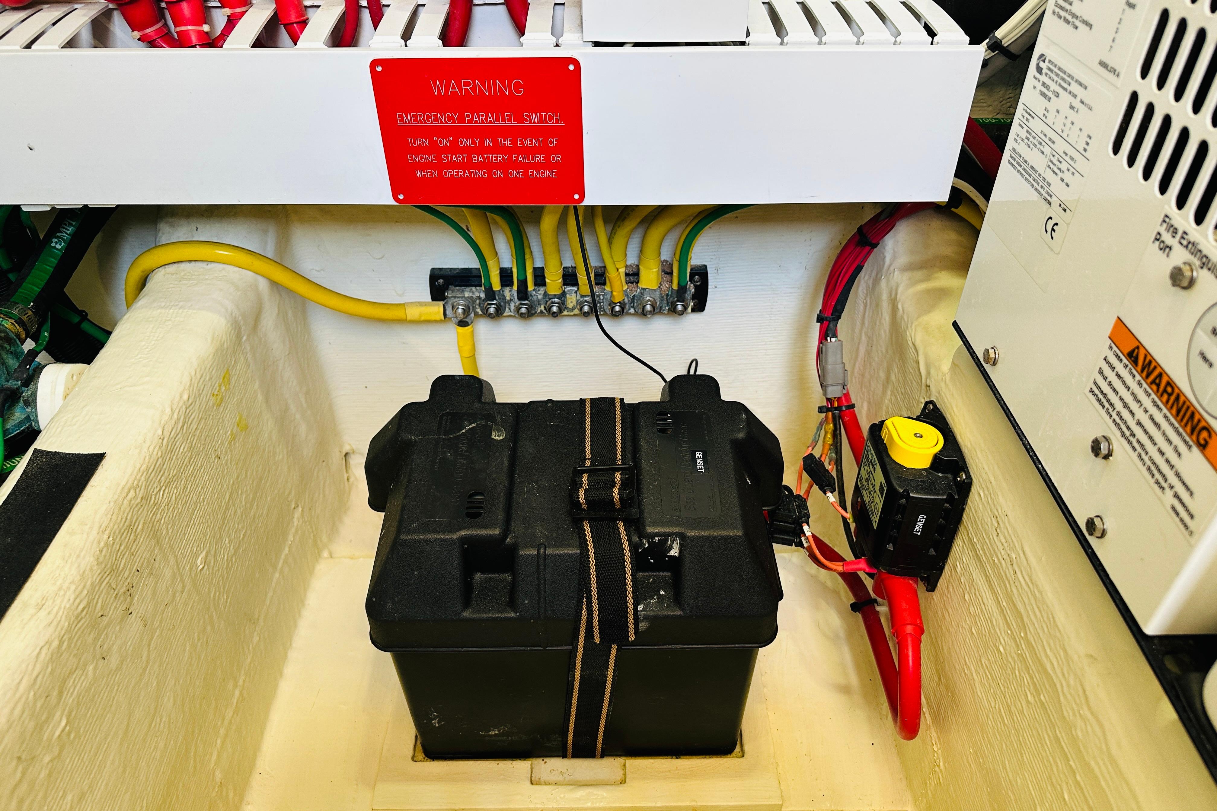 Engine compartment of 2017 Sabre 42 Salon Express with battery and wiring.