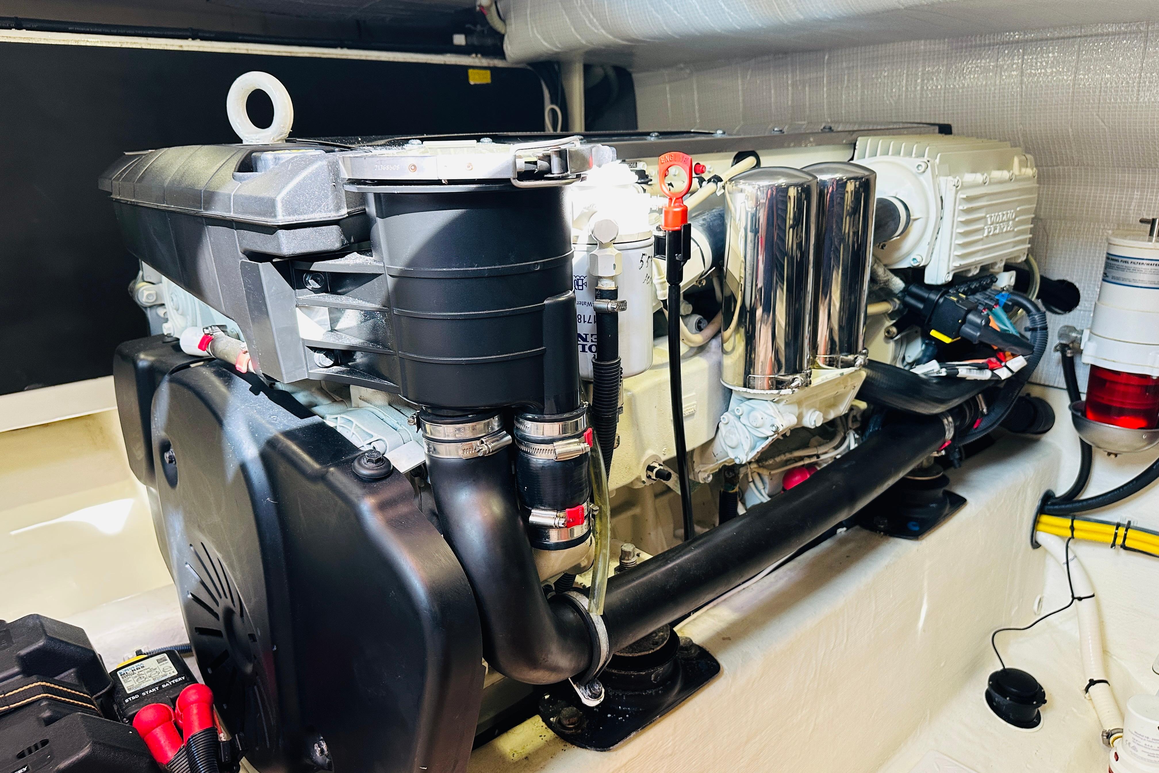 Engine compartment of a 2017 Sabre 42 Salon Express, showcasing detailed mechanical components.