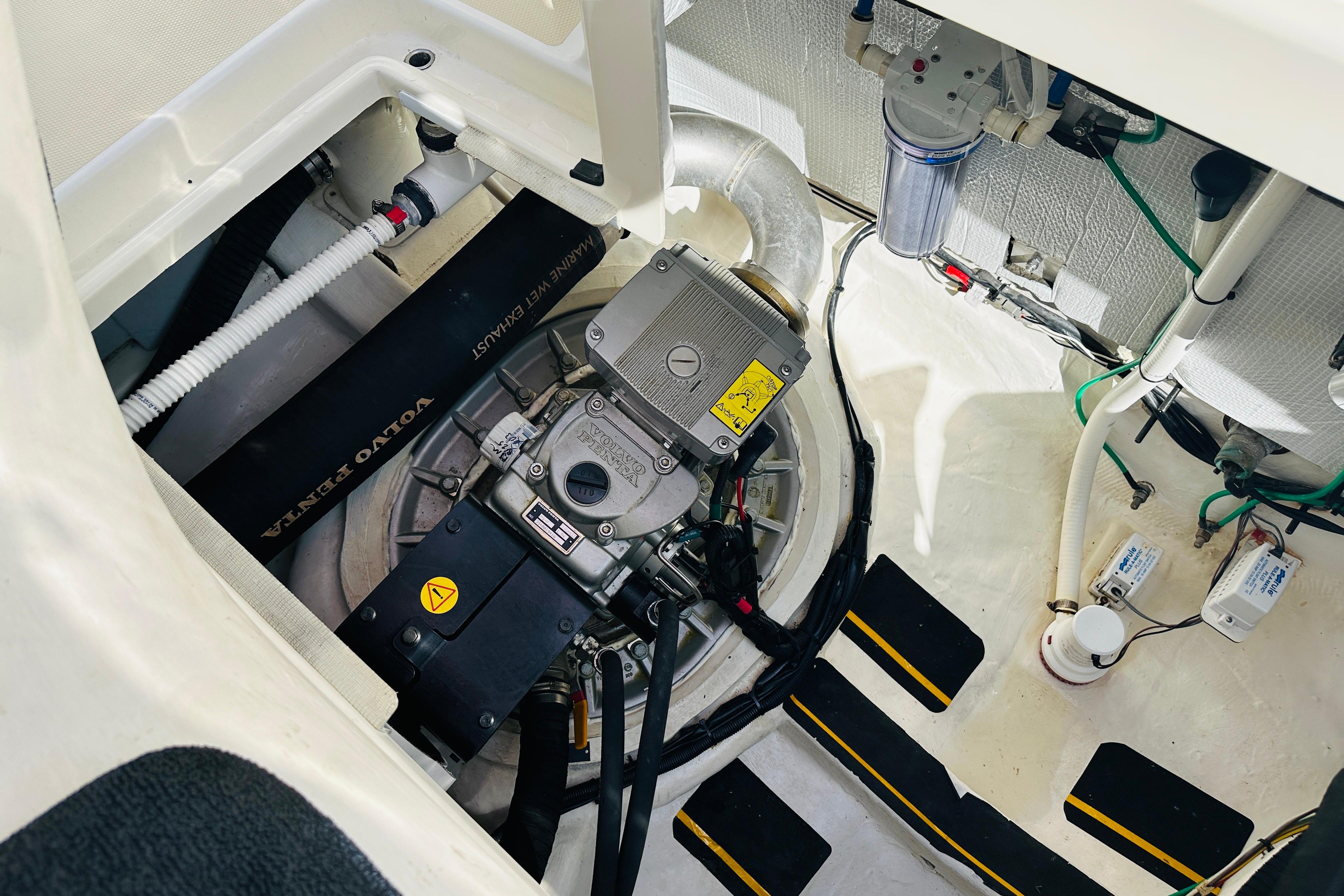 Engine room of 2017 Sabre 42 Salon Express with Volvo Penta components.
