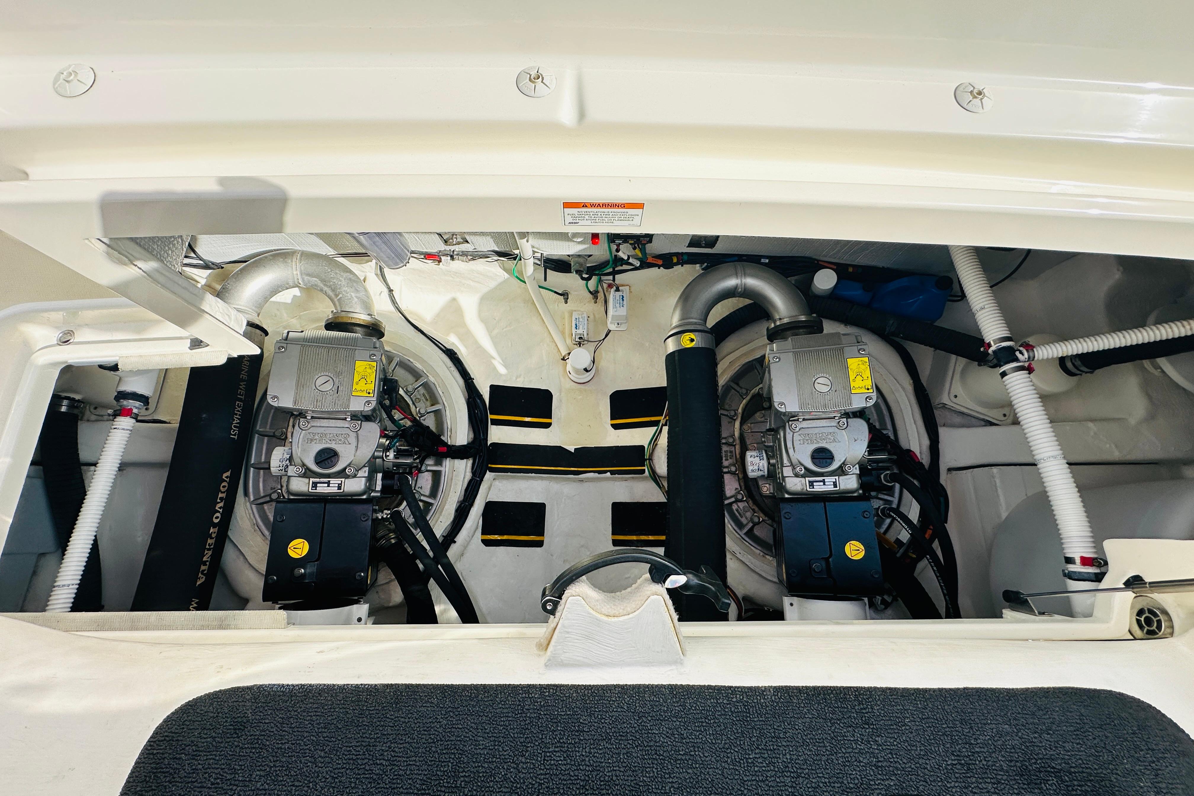 Engine room of 2017 Sabre 42 Salon Express with dual Volvo Penta engines.