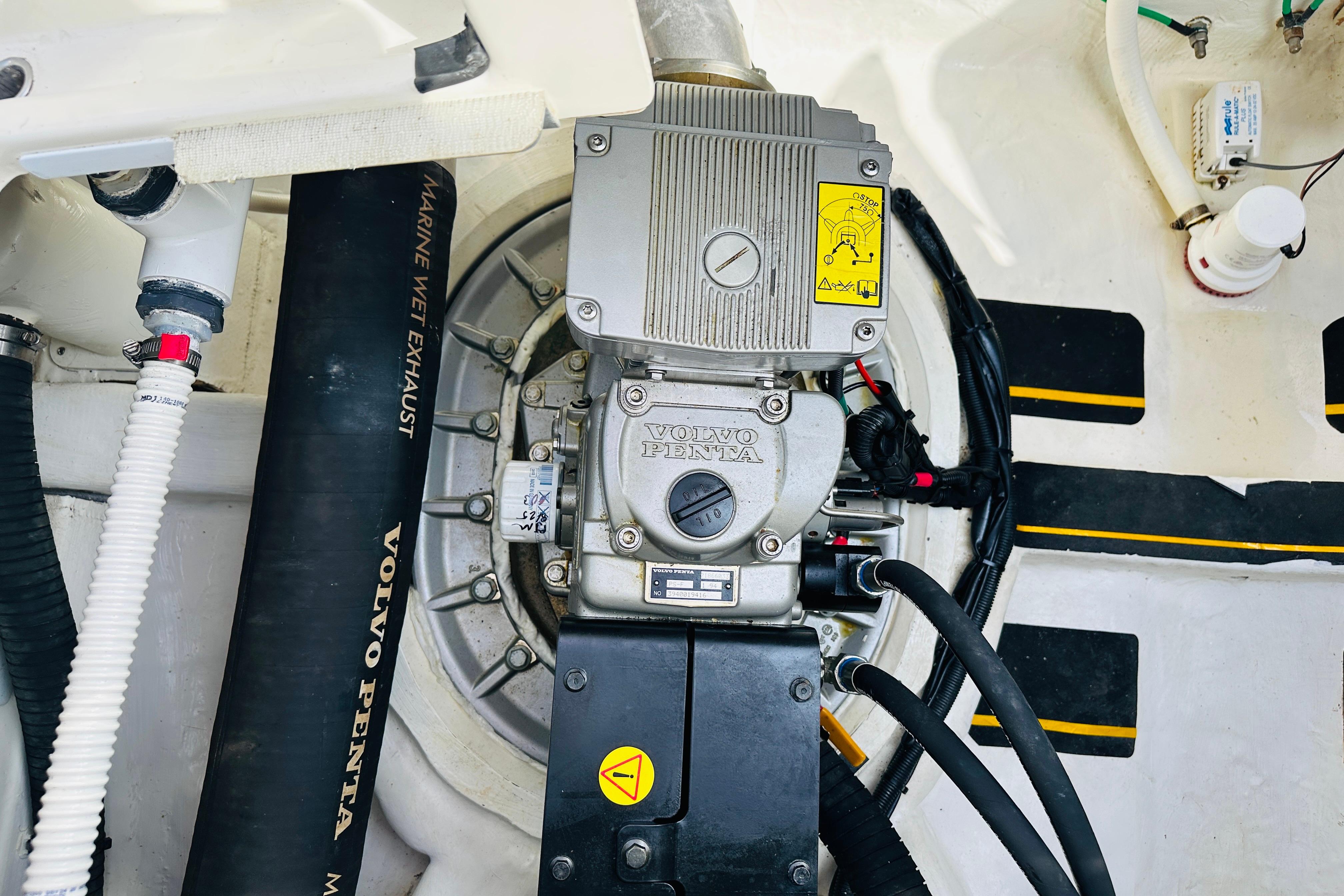 Engine compartment of 2017 Sabre 42 Salon Express with Volvo Penta components.