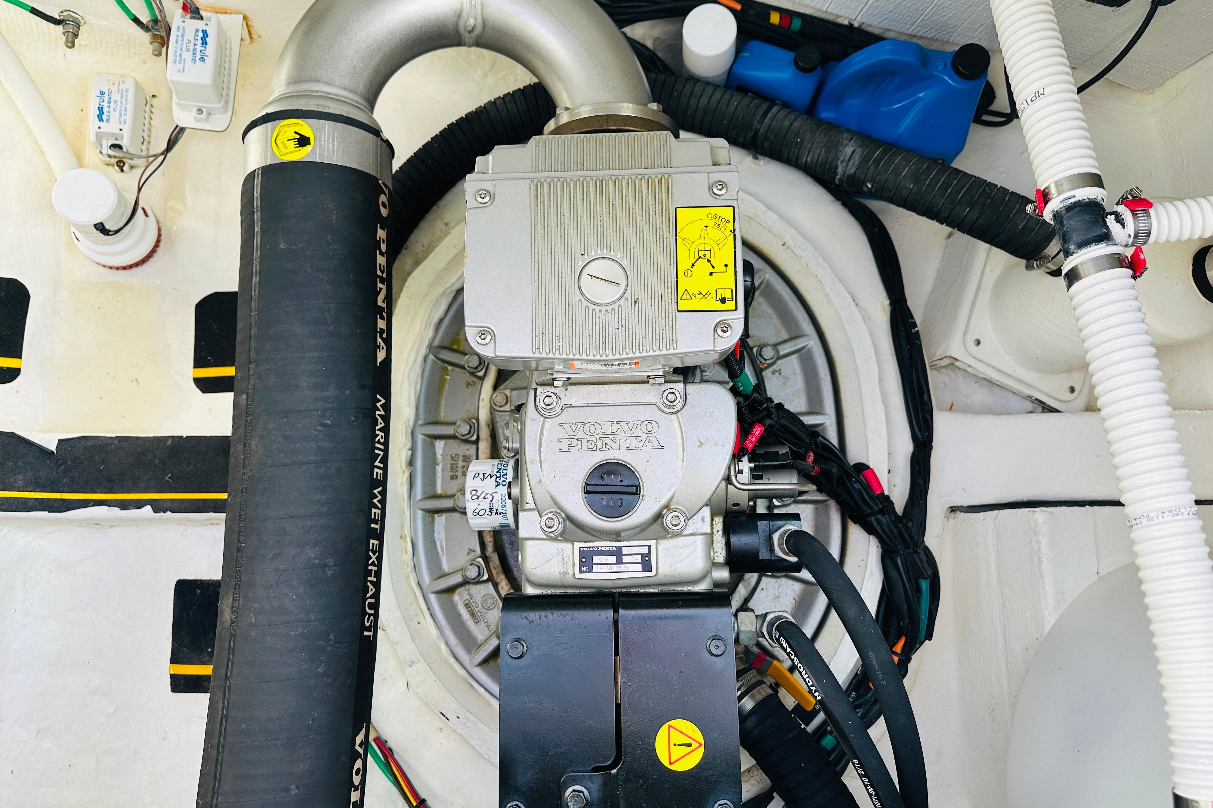 Engine compartment of a 2017 Sabre 42 Salon Express with Volvo Penta components.