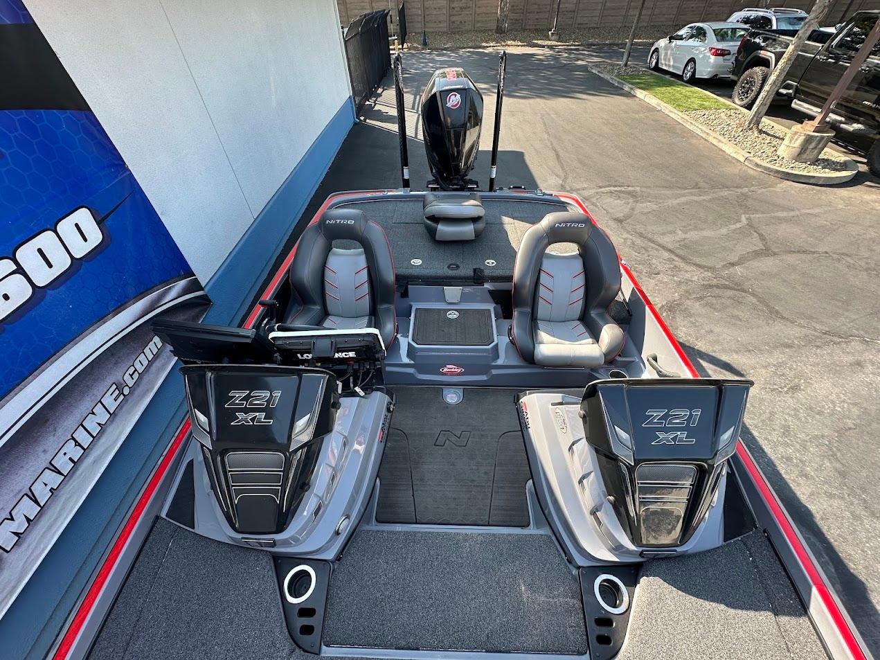 2023 Nitro Z21 XL Pro boat interior with dual seats and storage compartments.
