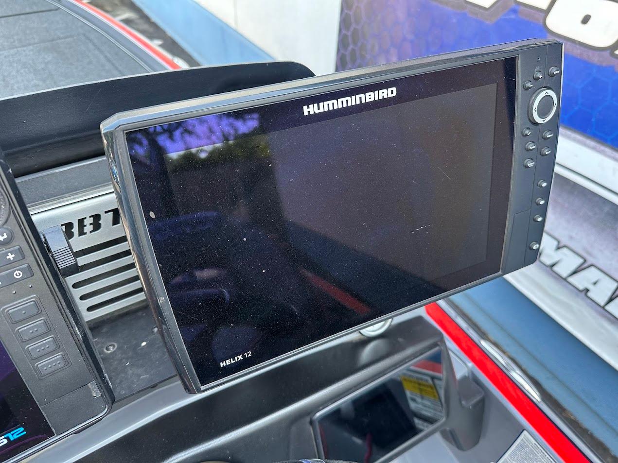 Humminbird Helix 12 fishfinder on 2023 Nitro Z21 XL Pro boat dashboard.